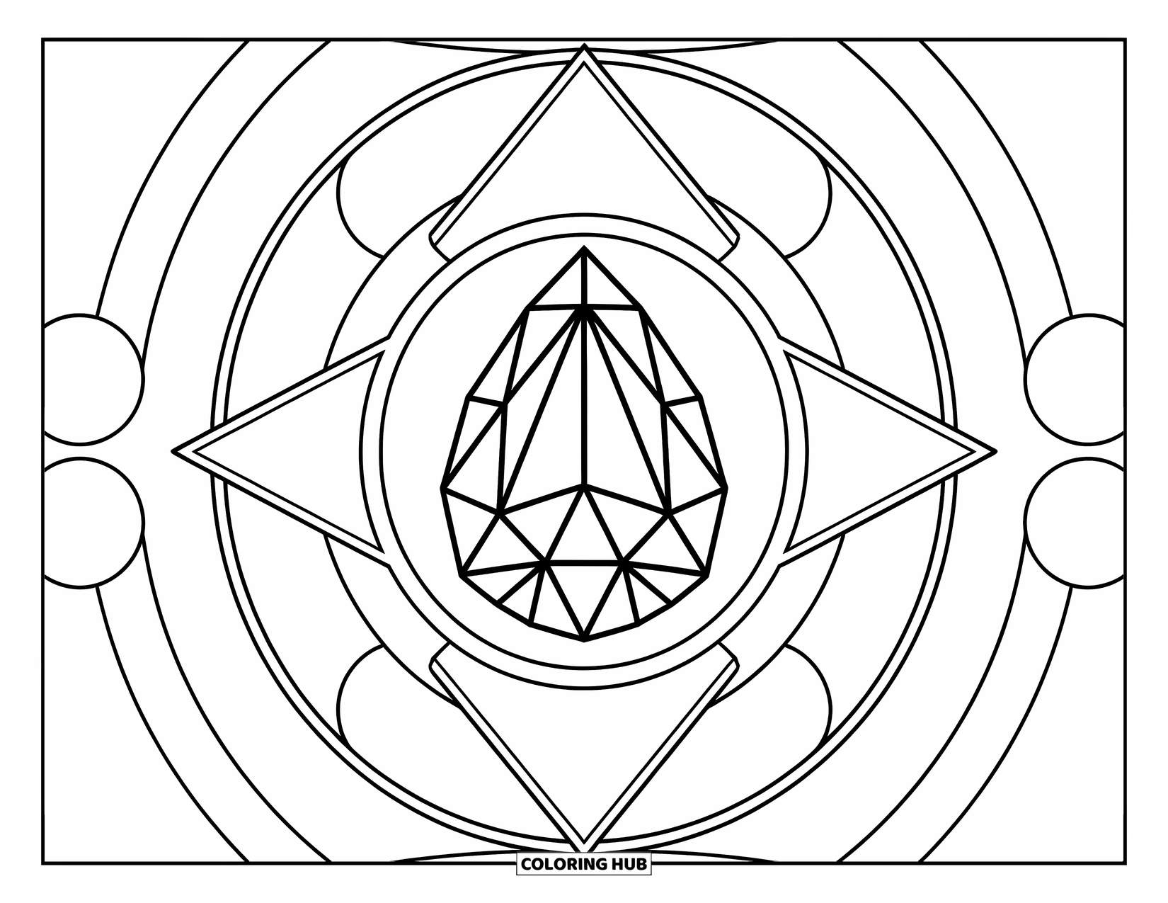 Gem Coloring Page for Kids: A pear-shaped topaz gem surrounded by circles and triangles