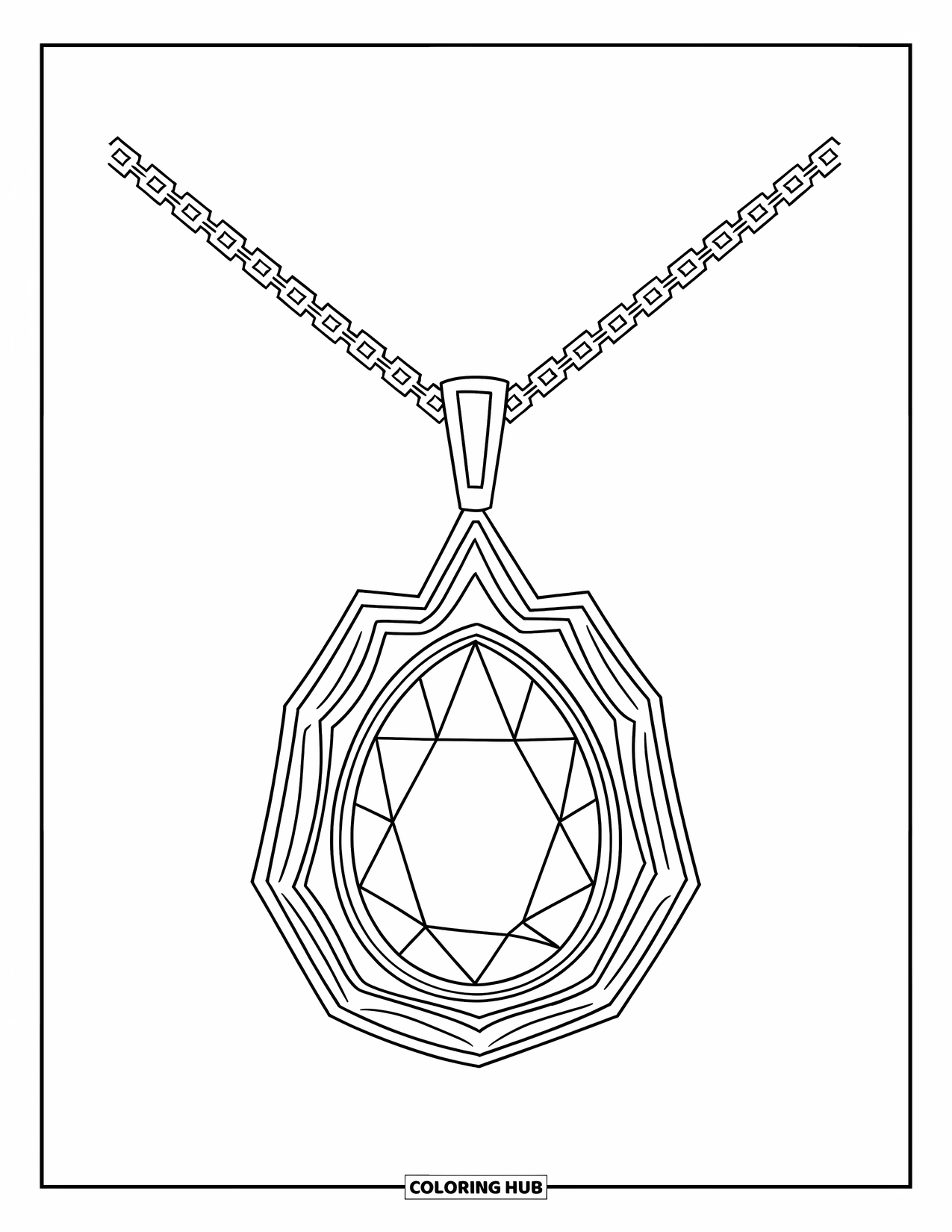 Gem Coloring Page for Kids: A pendant necklace with a hanging moonstone framed by thin patterns