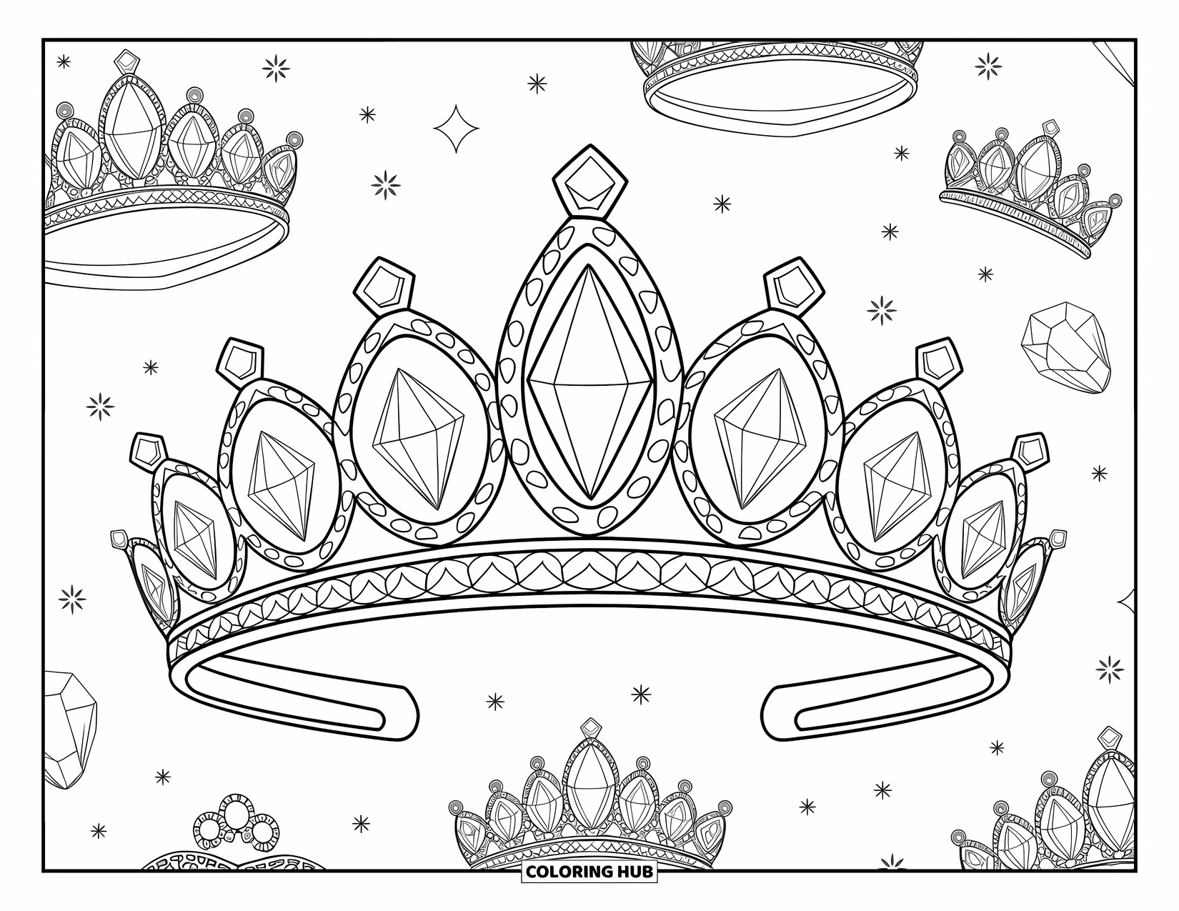 Gem Coloring Page for Kids: A tiara with aquamarine, topaz, and diamond, plus scattered gems nearby