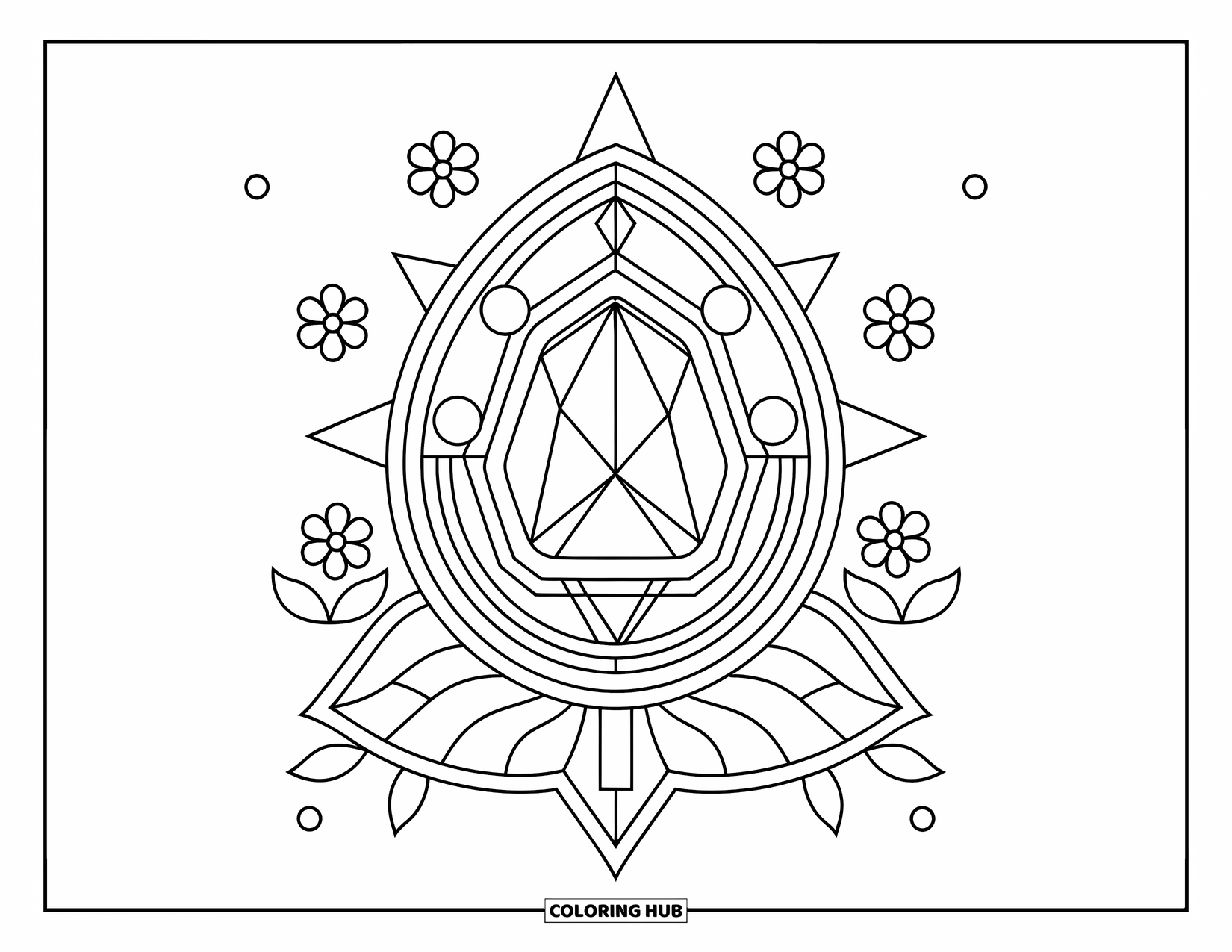 Gem Coloring Page for Kids: A topaz gem on a leaf surrounded by flowers and circles