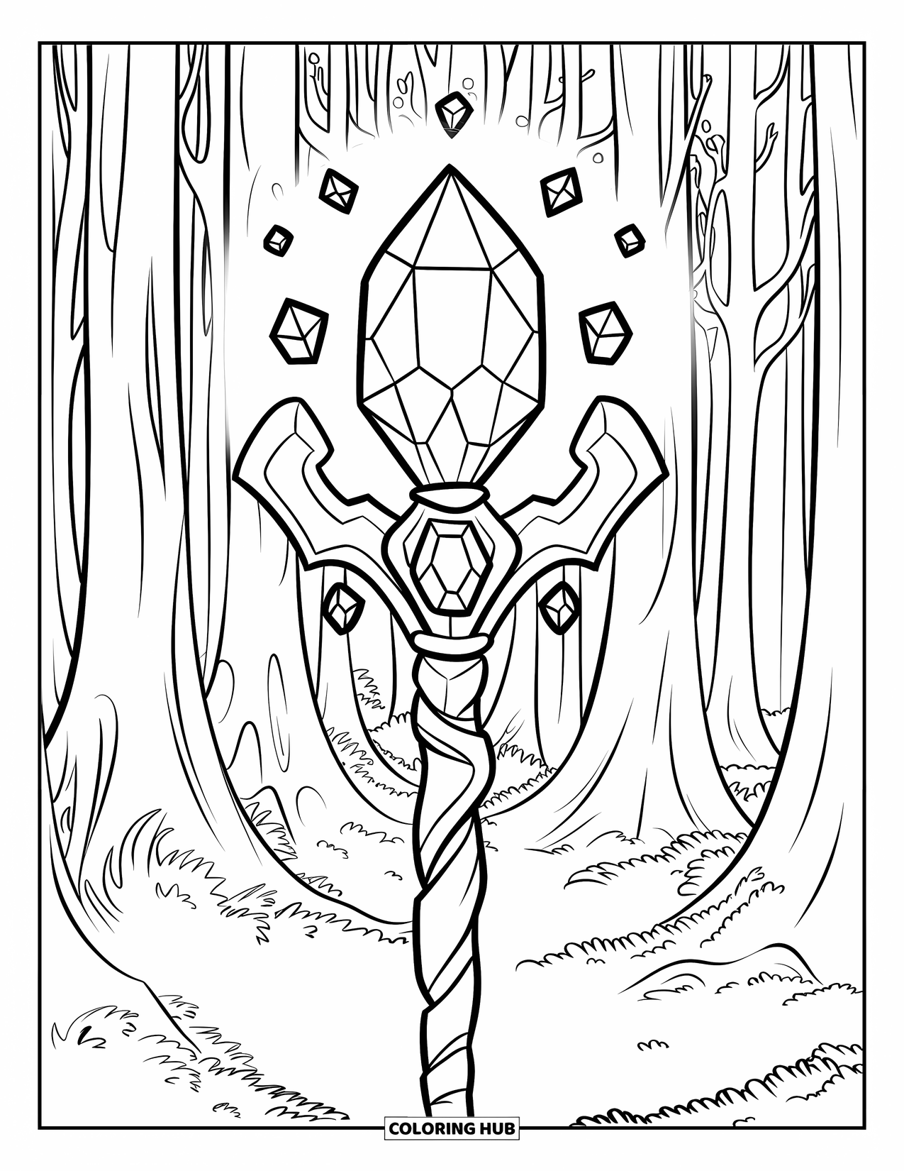 Gem Coloring Page for Kids: A twisted staff with glowing spinel surrounded by gemstones in a forest