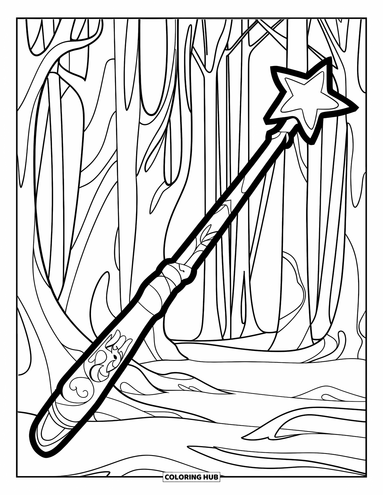 Gem Coloring Page for Kids: A wooden wand topped with a star-shaped gemstone