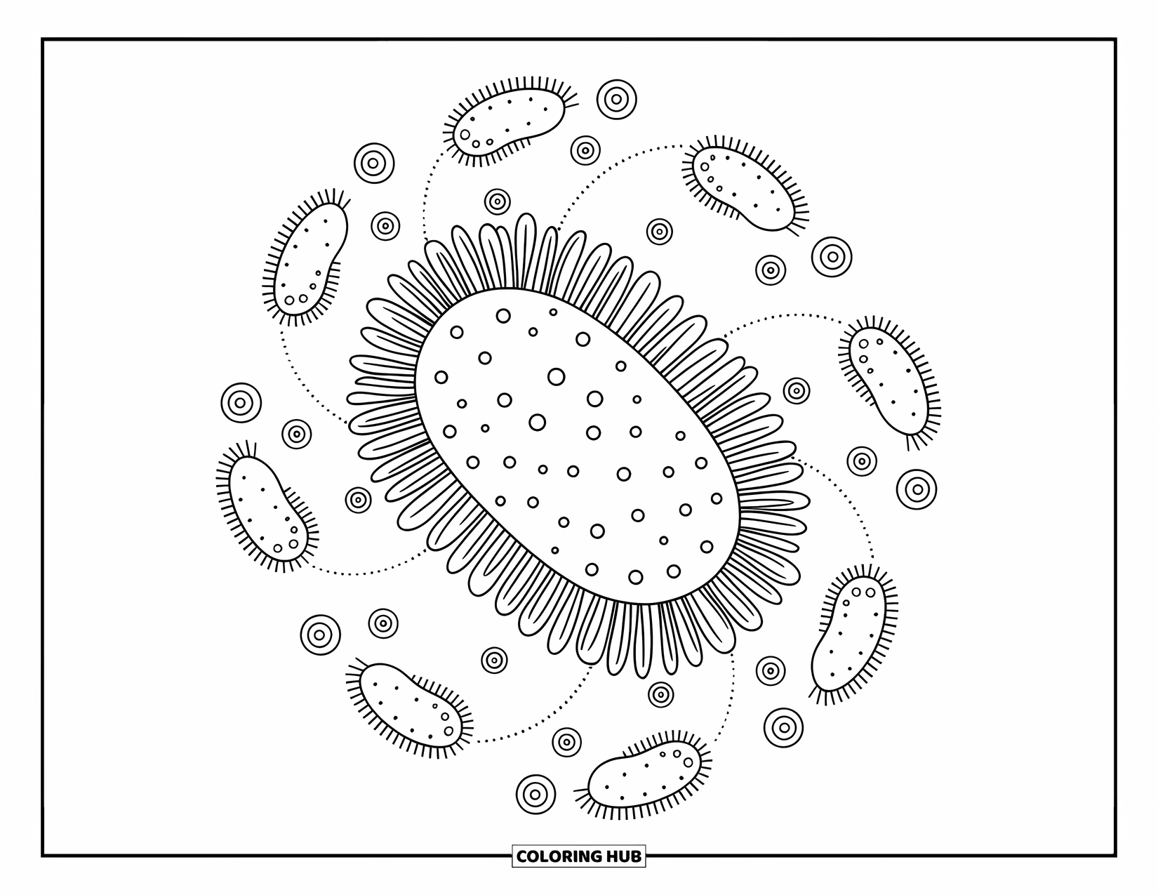 Germ Coloring Page for Adults: Central germ with layered rings connected to smaller germs by dotted lines