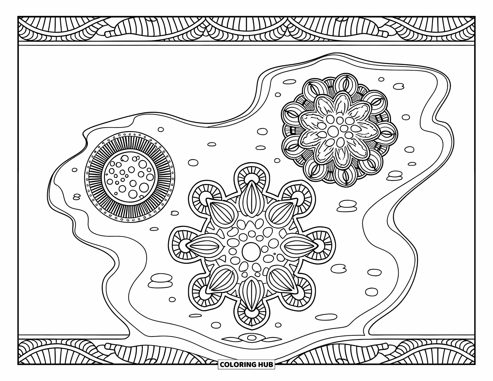 Germ Coloring Page for Adults: Cluster of three mandala germs with a decorative border