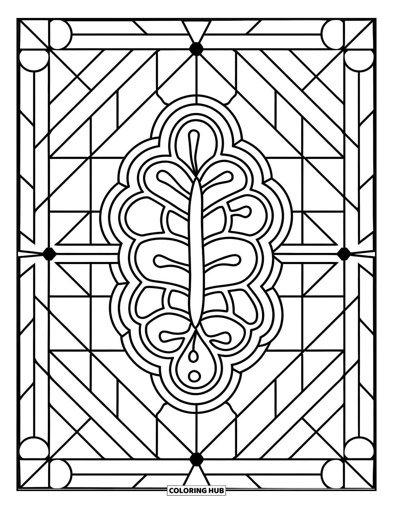 Germ Coloring Page for Adults: Rod-shaped germ with stained glass panels and geometric background