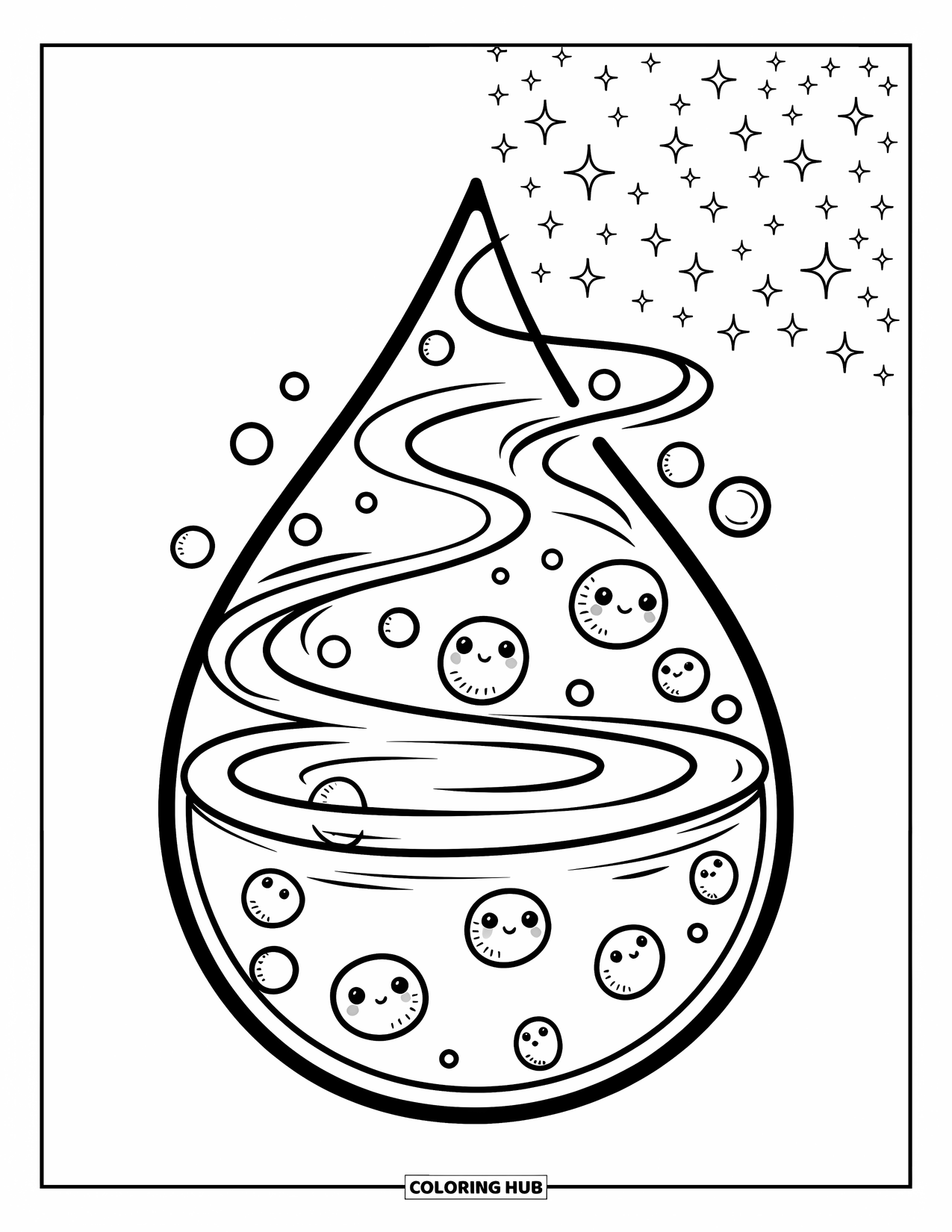 Germ Coloring Page for Adults: Round and oval germs floating in a stylized droplet with ripples and bubbles