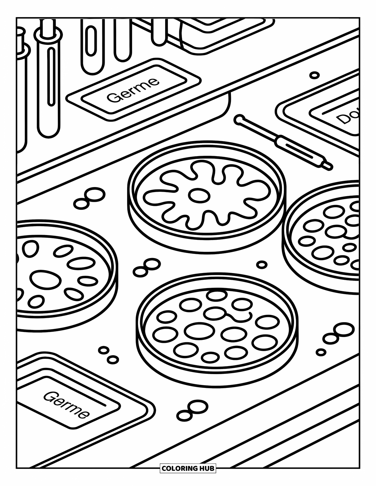 Germ Coloring Page for Adults: Science lab scene with petri dishes holding spiky, amoeba-like, and clustered germs