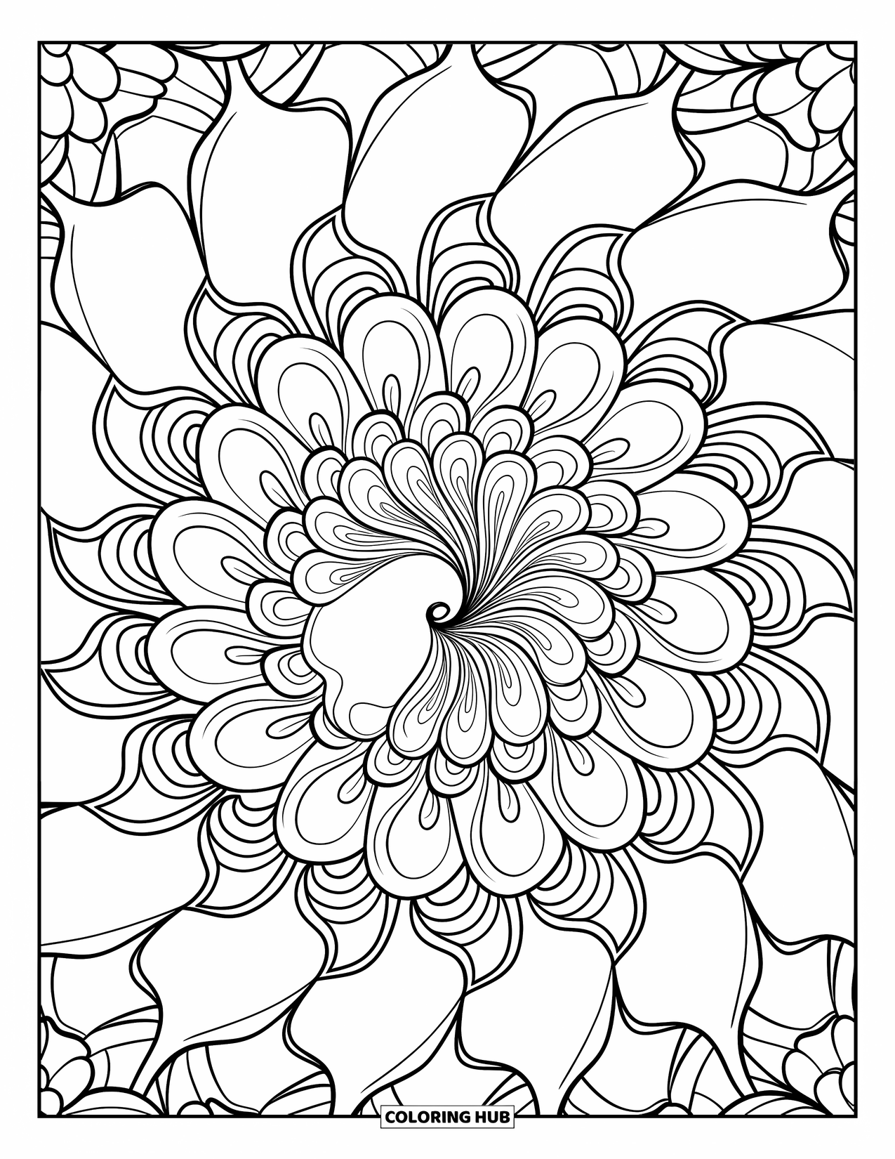 Germ Coloring Page for Adults: Spiral germ made of layered mandala petals radiating outward