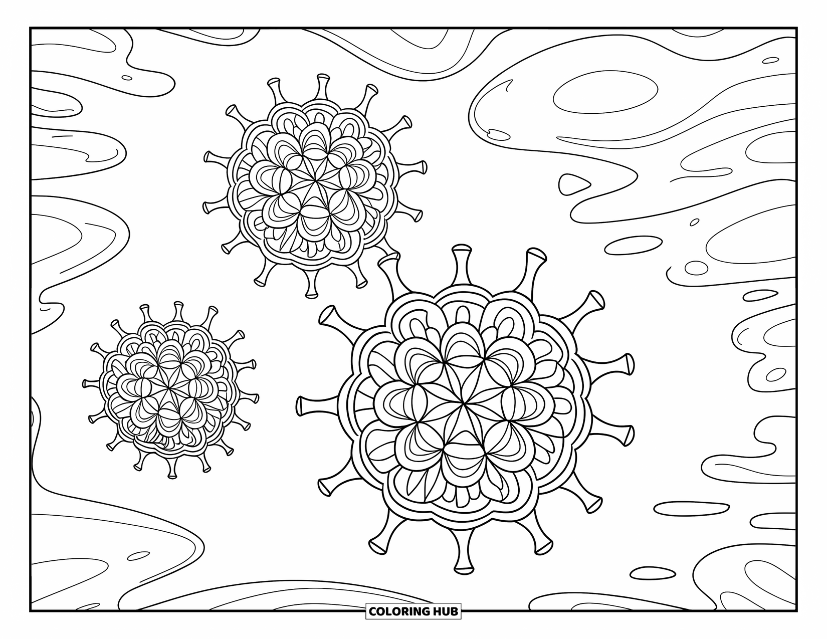 Germ Coloring Page for Adults: Three germs made from unique mandala patterns floating in fluid
