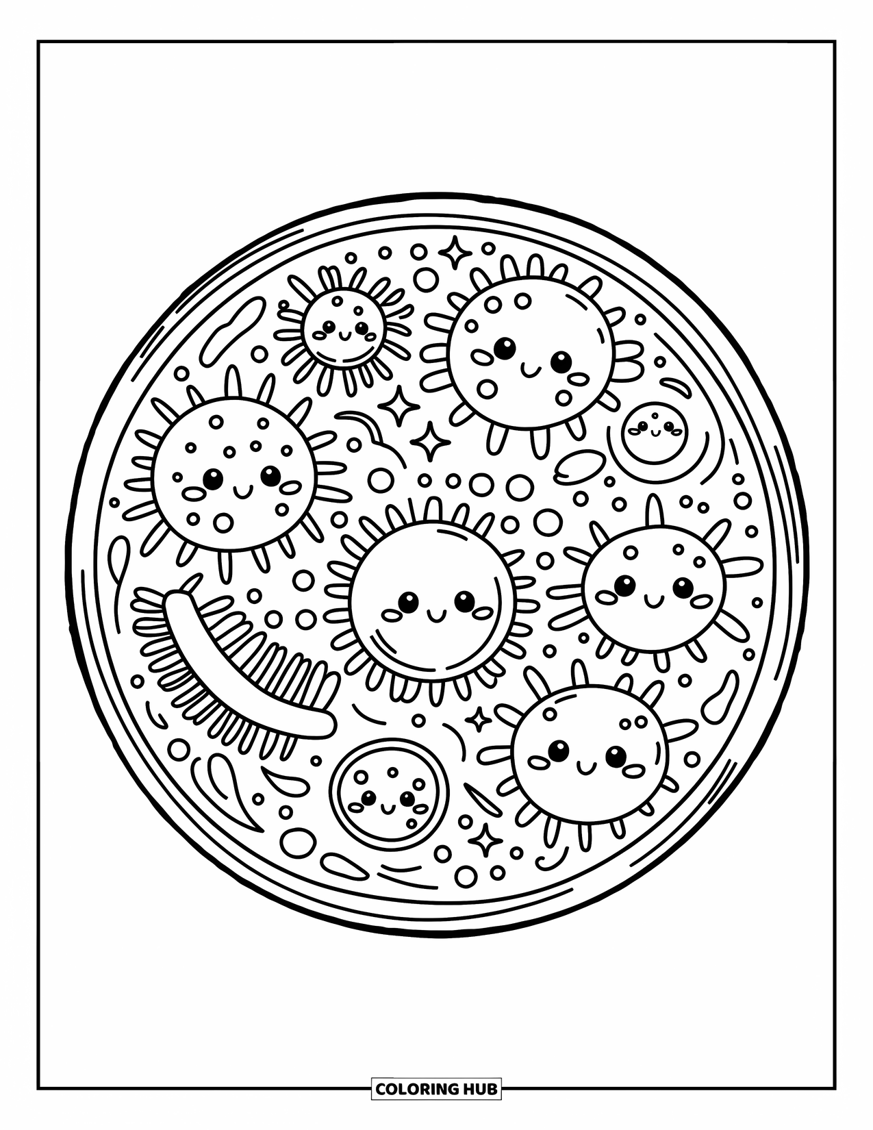 Germ Coloring Page for Adults: Varied germs in a petri dish with bubble details and warm, soft light
