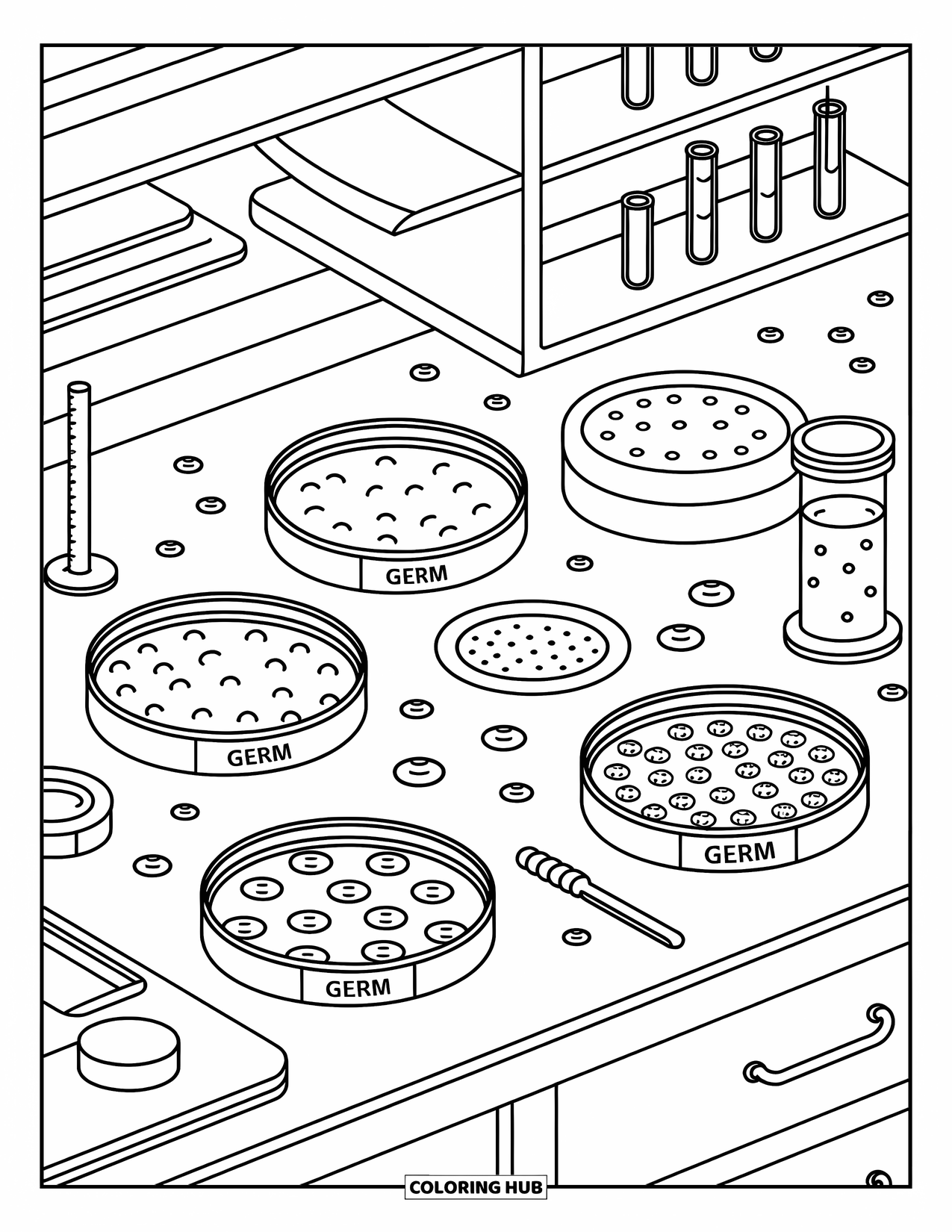 Germ Coloring Page for Adults: Whimsical lab counter with petri dishes, unique germs, and miniature tools