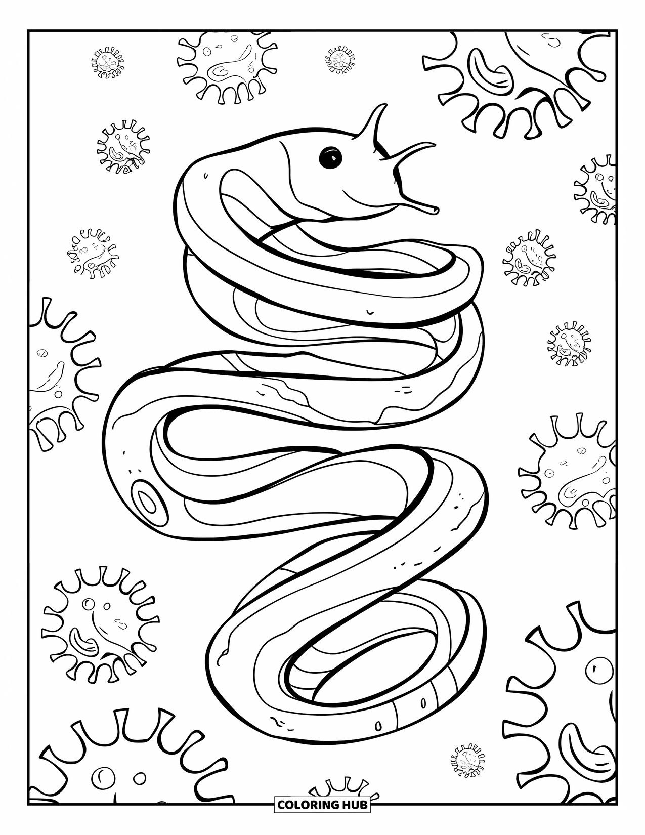 Germ Coloring Page for Kids: Corkscrew-shaped spiral germ with scattered smaller germs