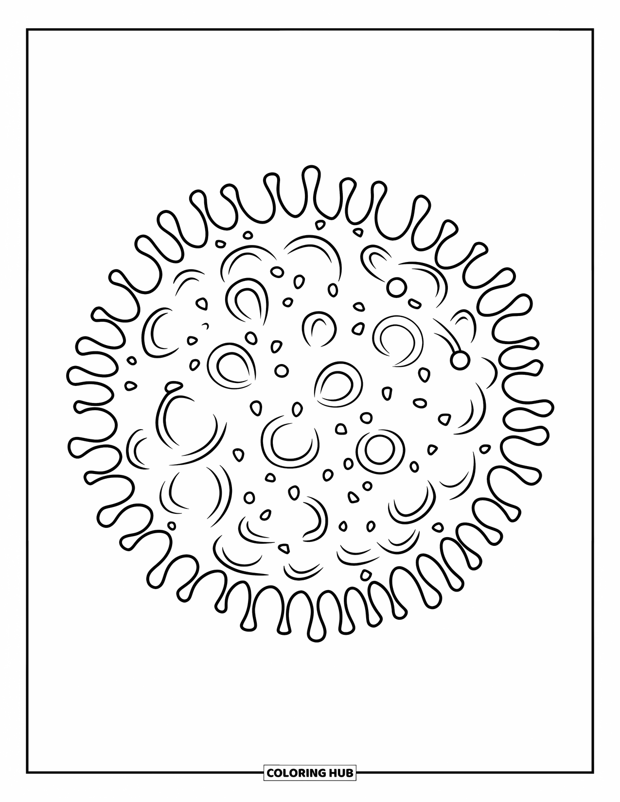 Germ Coloring Page for Kids: Detailed spiky germ with dots and bold lines