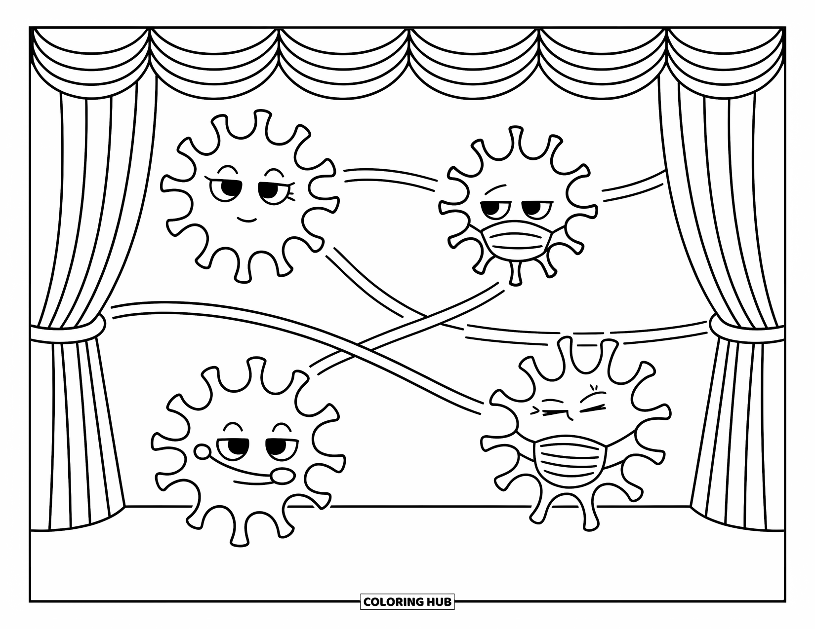 Germ Coloring Page for Kids: Four expressive germs on a theatre stage with curtains