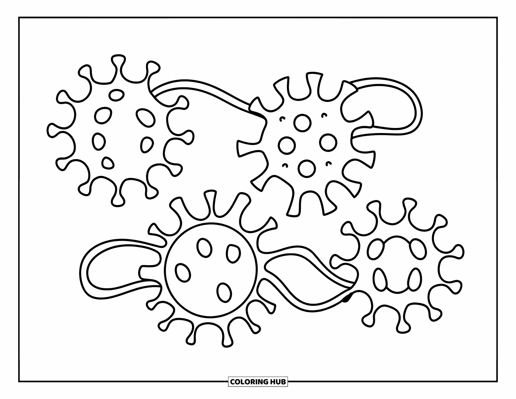Germ Coloring Page for Kids: Four germs in circle, square, triangle, and star shapes