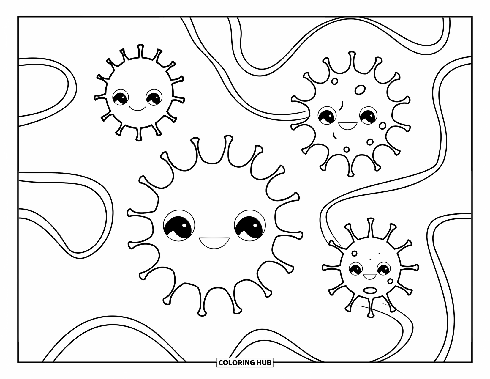 Germ Coloring Page for Kids: Four germs with long tails connected by wavy lines