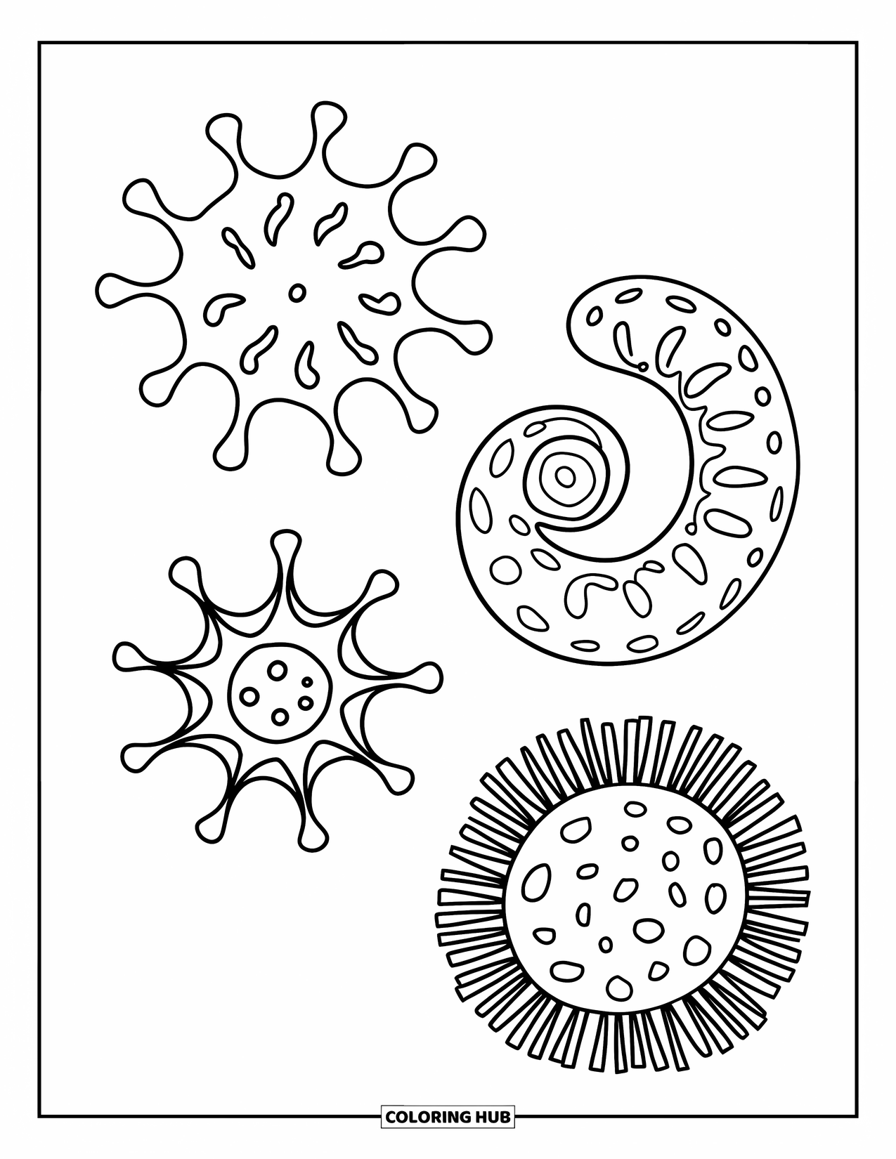 Germ Coloring Page for Kids: Four germs with tentacles, spiral shape, star pattern, and radial lines