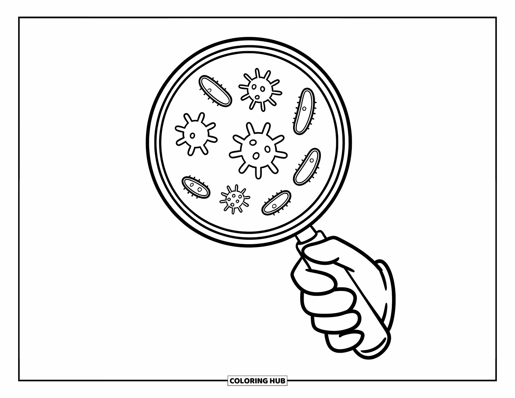 Germ Coloring Page for Kids: Gloved hand holding a magnifying glass with germs in view