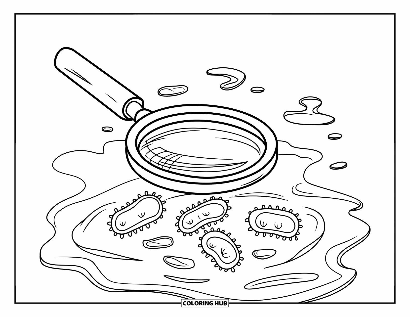 Germ Coloring Page for Kids: Magnifying glass over germ-shaped microorganisms in liquid
