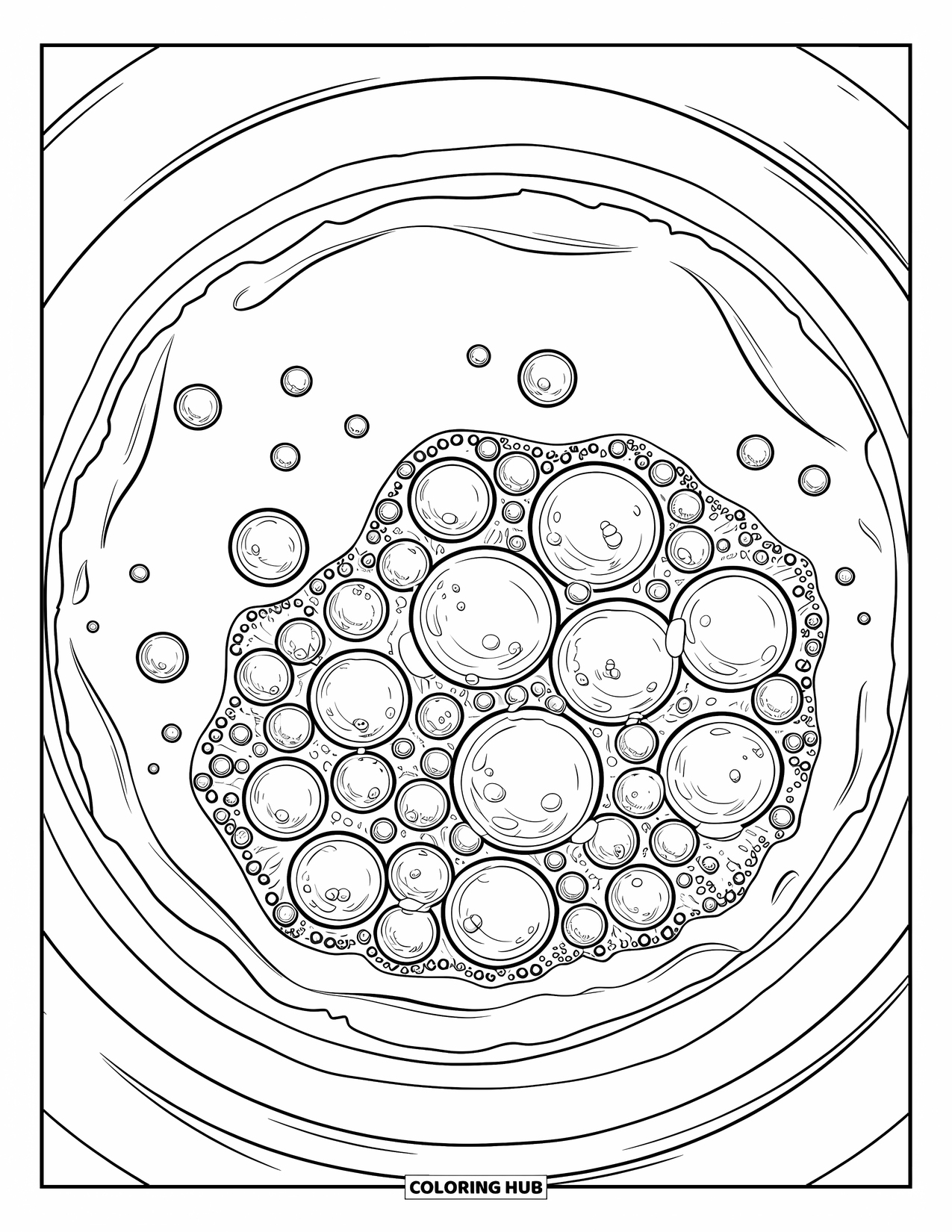 Germ Coloring Page for Kids: Microscope view of floating spherical germs of various sizes