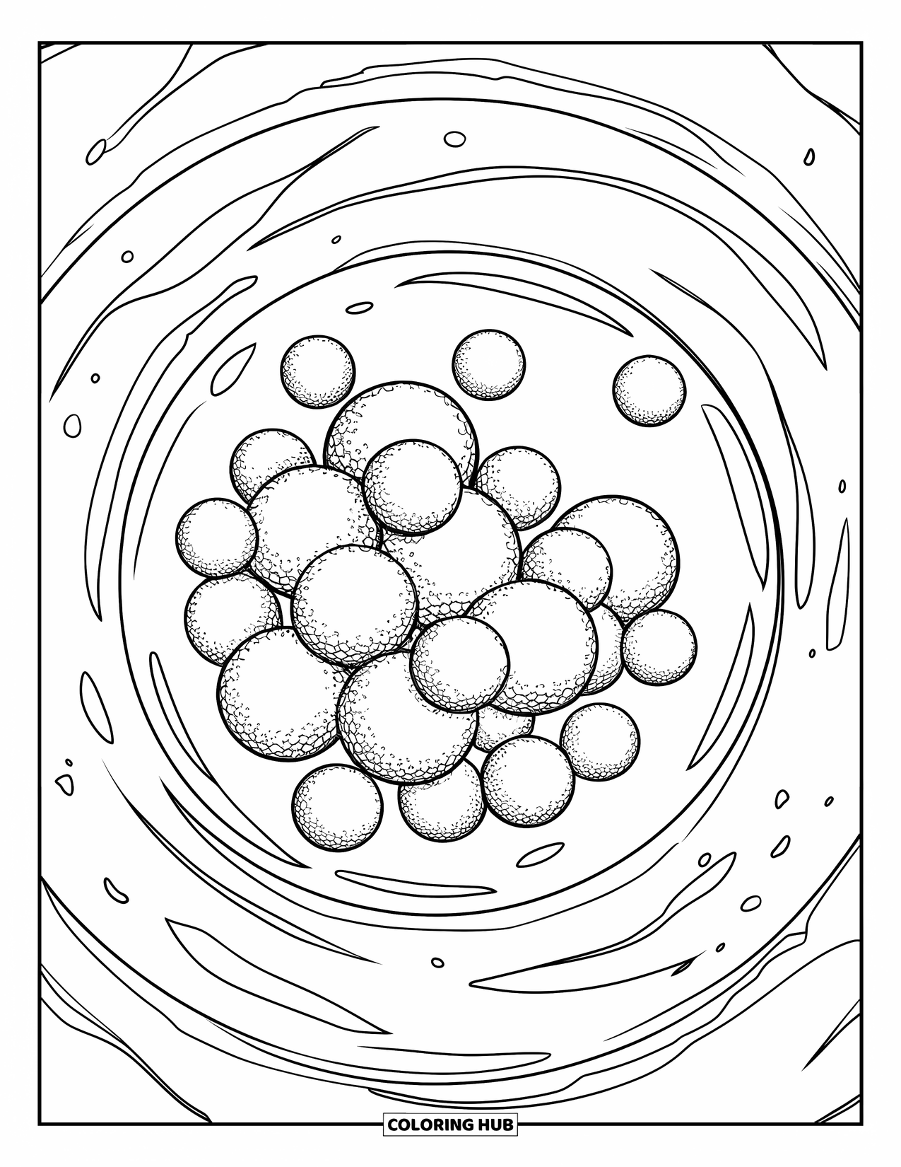 Germ Coloring Page for Kids: Microscope view of spherical germs in liquid