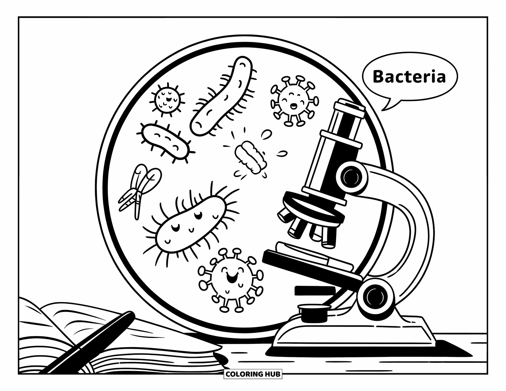 Germ Coloring Page for Kids: Microscope view with bacteria, viruses, fungi, and a "Bacteria" bubble