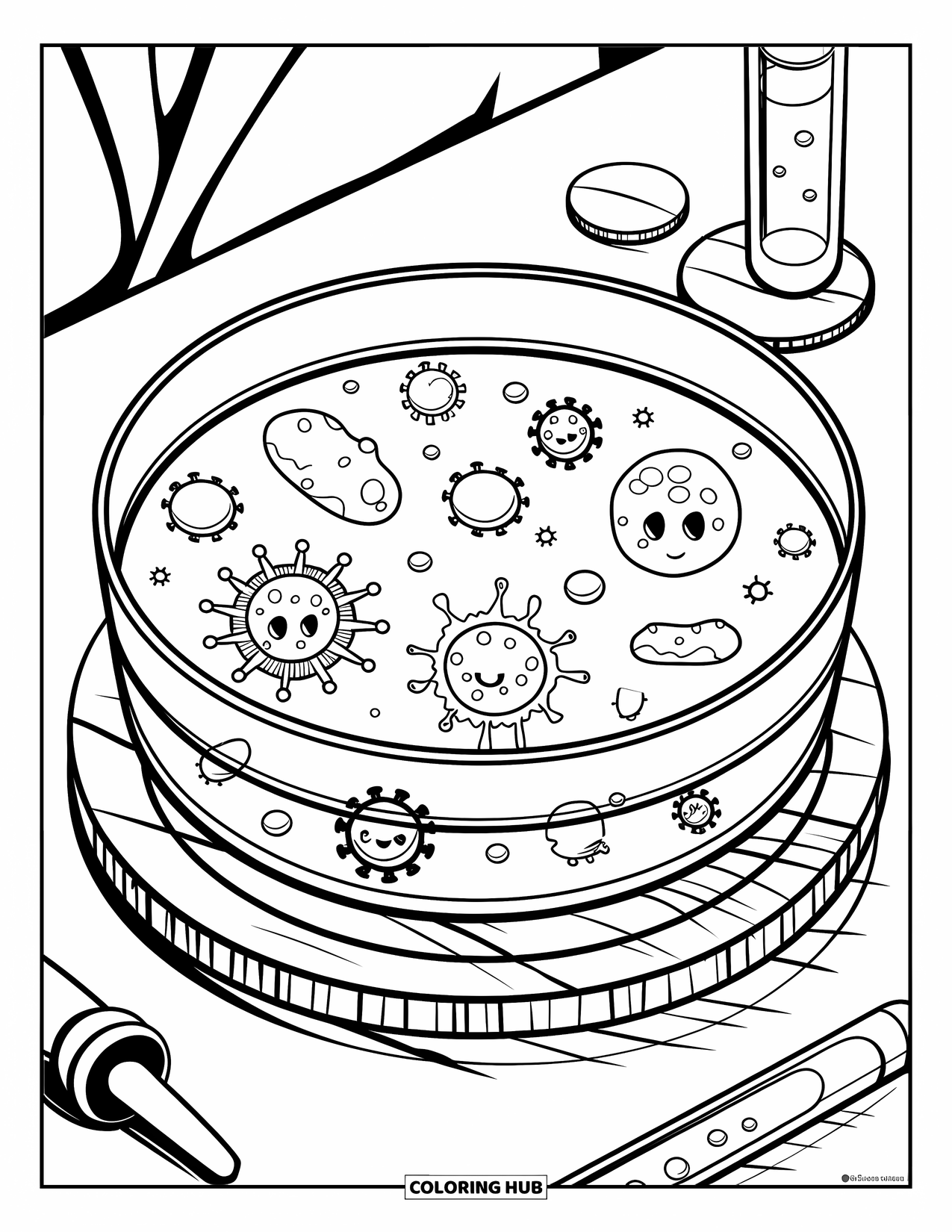 Germ Coloring Page for Kids: Petri dish with germs and nearby scientific tools
