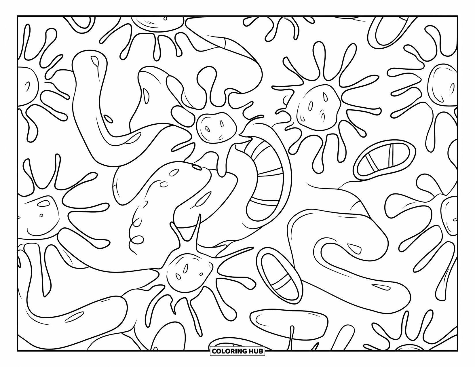 Germ Coloring Page for Kids: Rod and round germs arranged in a playful, overlapping pattern