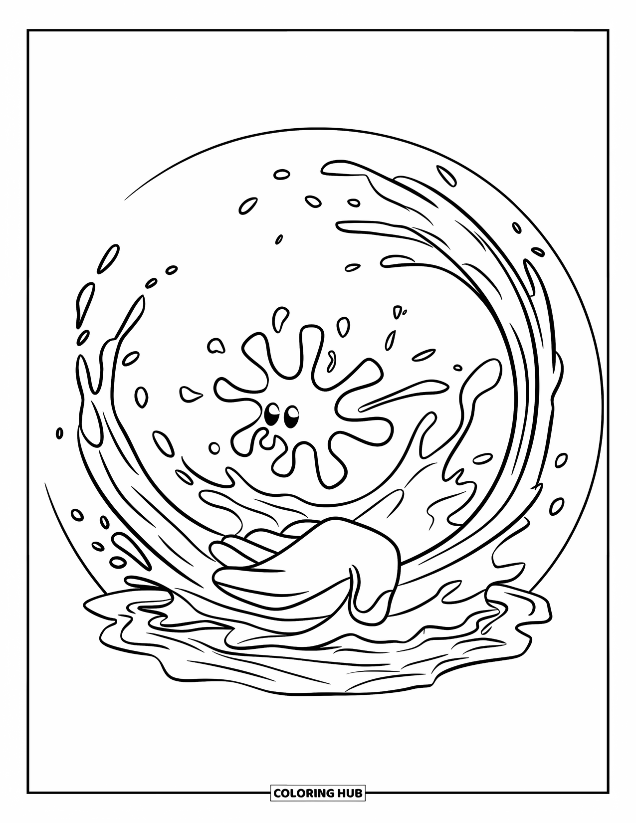 Germ Coloring Page for Kids: Round-tailed germ with water splashes and a nearby hand