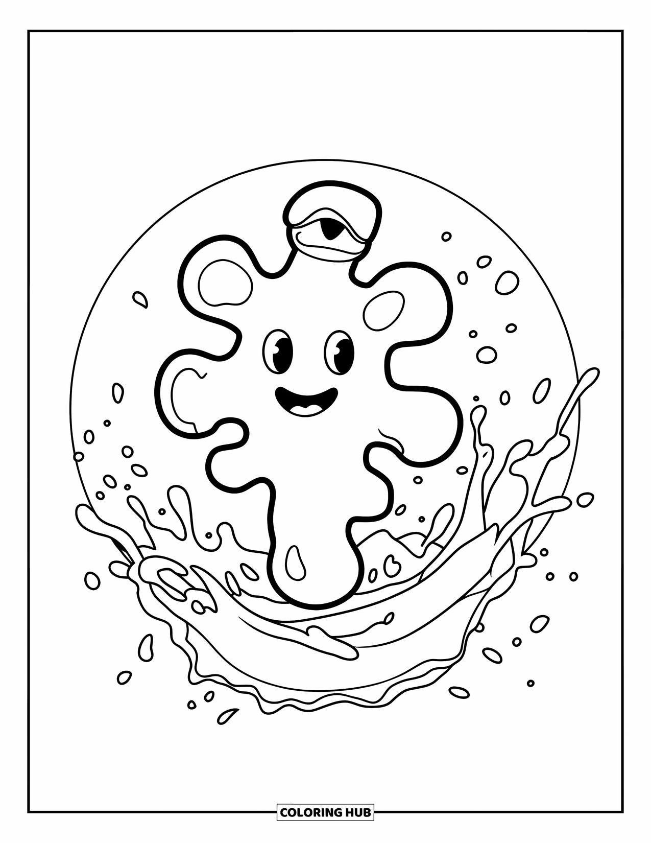 Germ Coloring Page for Kids: Smiling germ in water splashes from handwashing