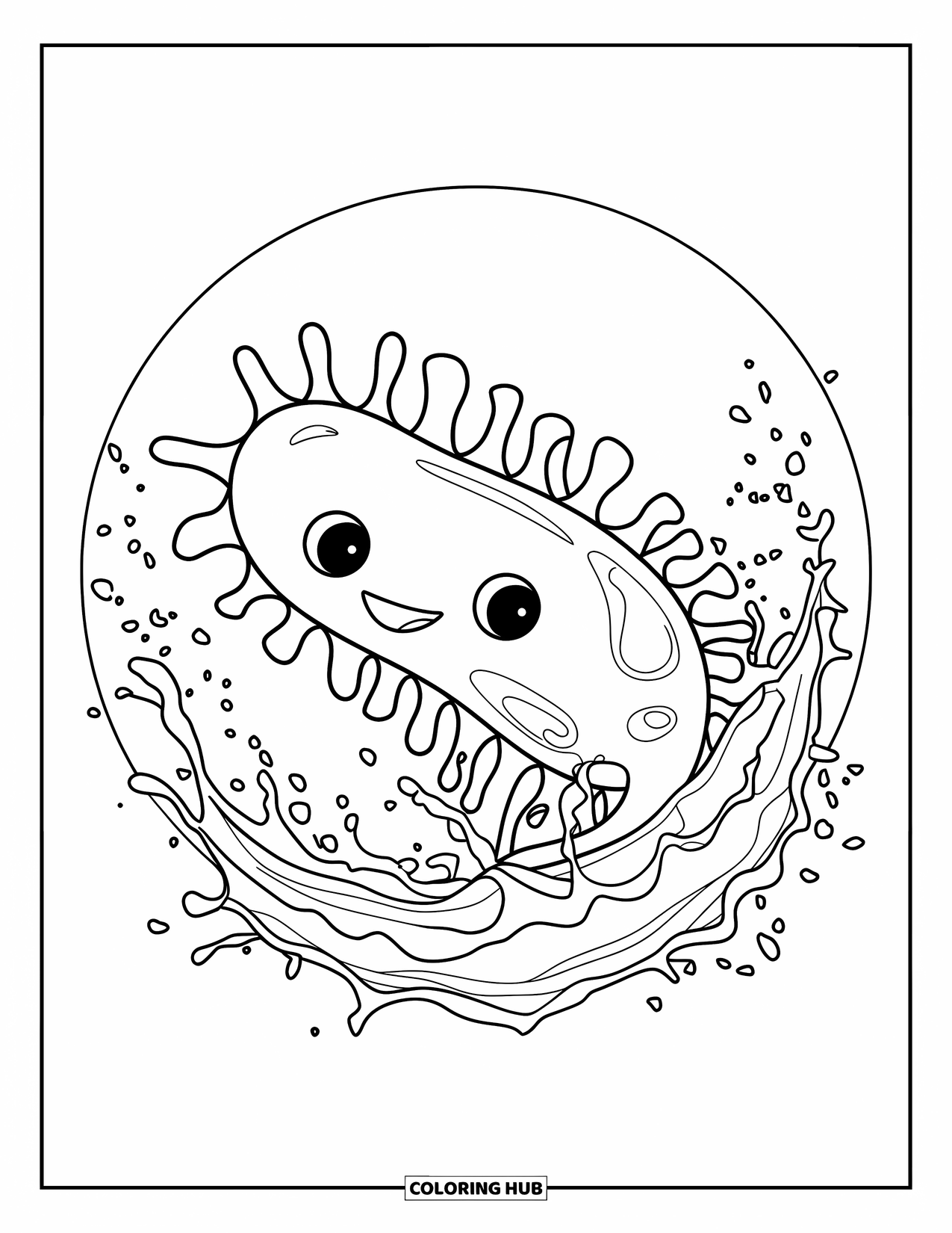 Germ Coloring Page for Kids: Spiky-tailed germ in water splashes from handwashing
