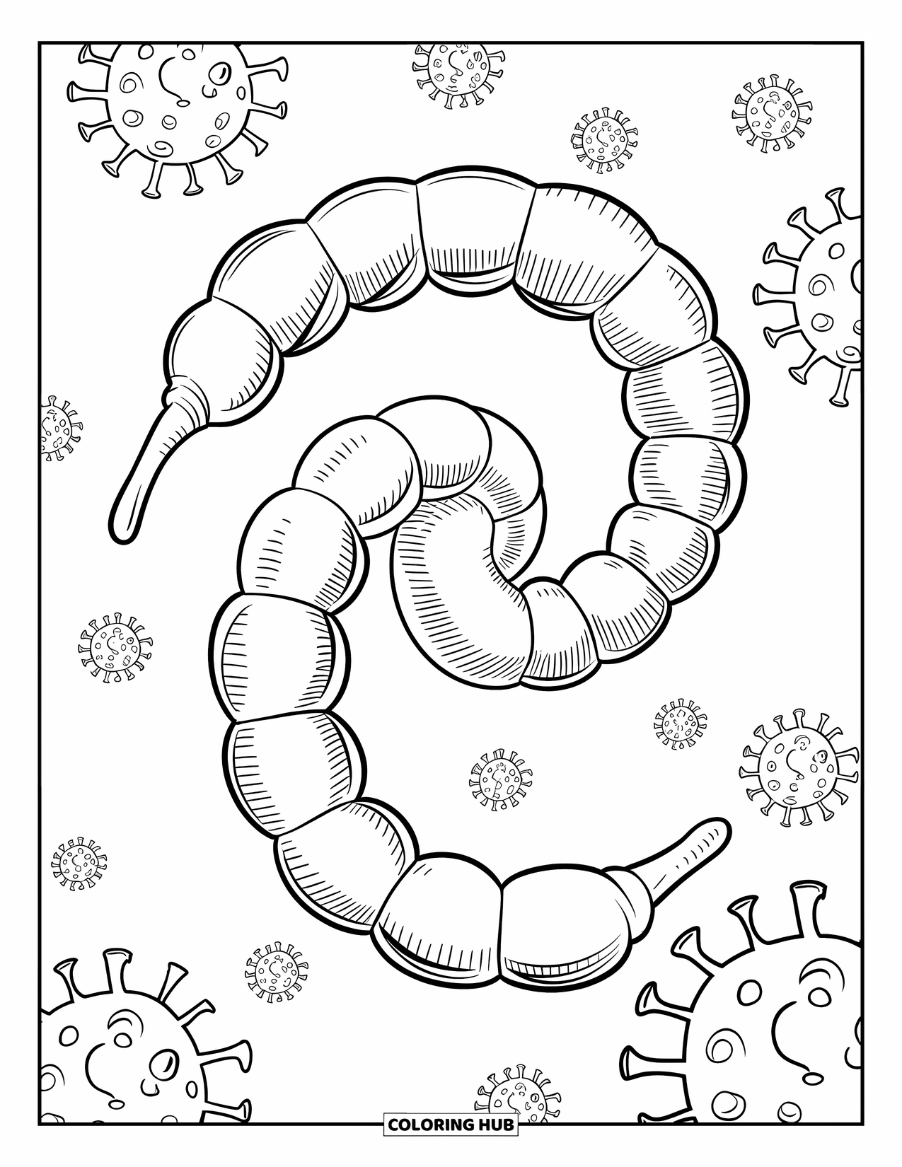 Germ Coloring Page for Kids: Spiral germ surrounded by smaller germs