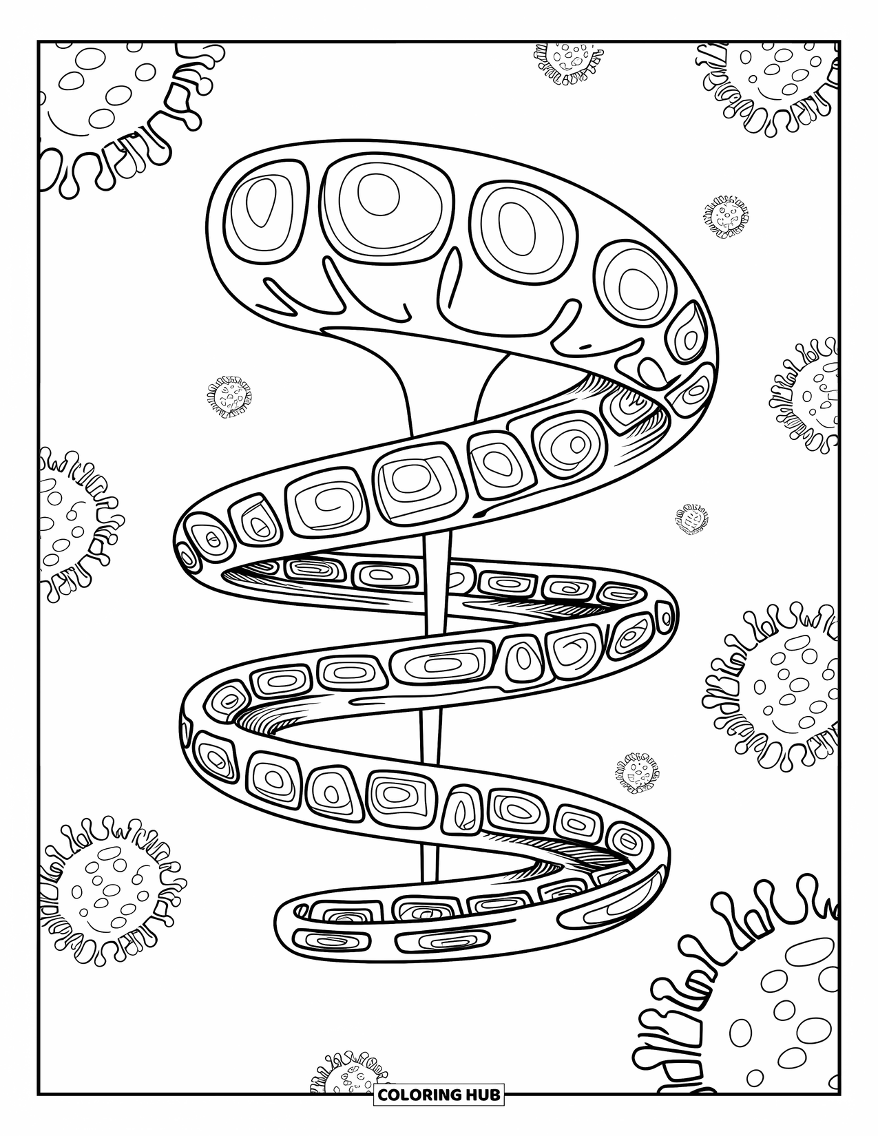 Germ Coloring Page for Kids: Spiral germ twisting across the page with smaller germs