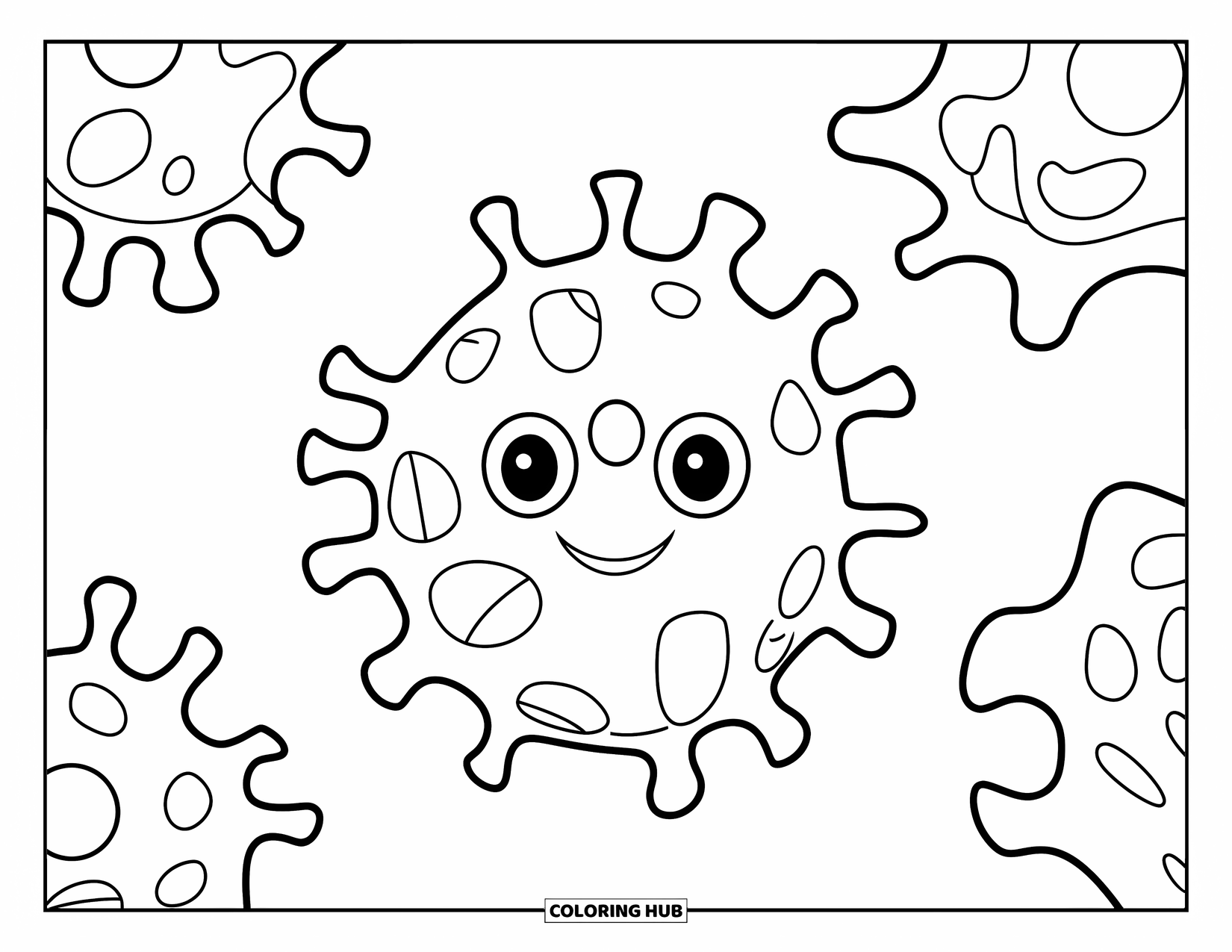 Germ Coloring Page for Kids: Three blob-shaped germs spread evenly on the page