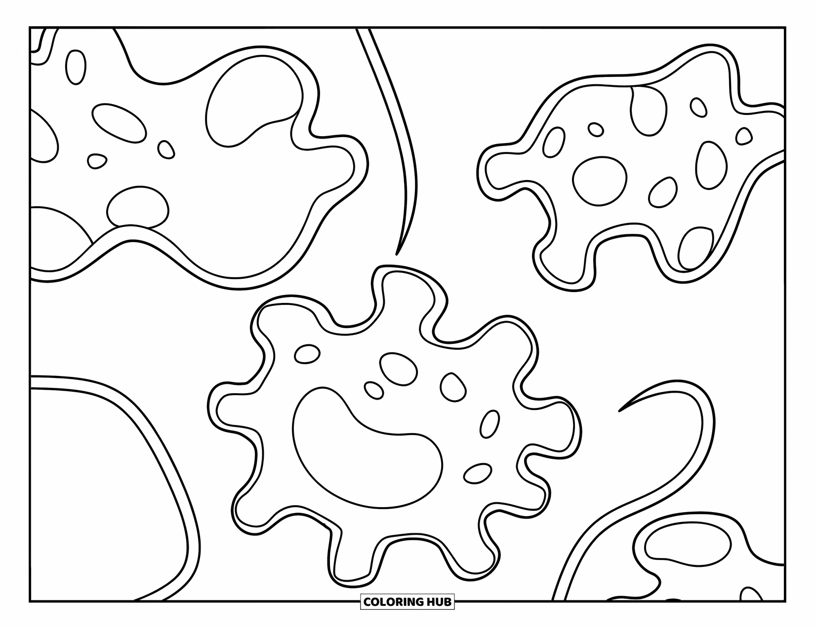 Germ Coloring Page for Kids: Three round germs with long tails spaced apart