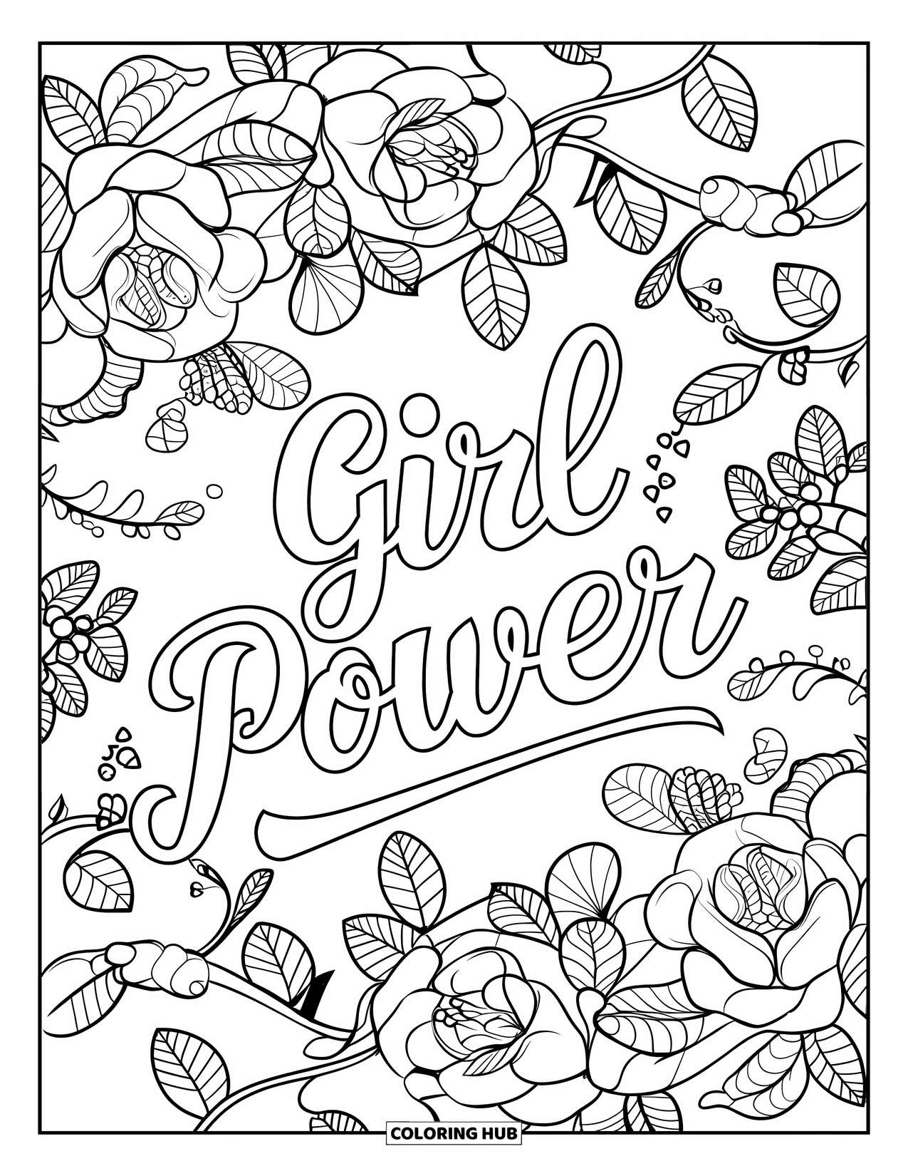 Girl Power Coloring Page for Adults: A bold floral mandala of roses surrounds the phrase "Girl Power" in pretty script