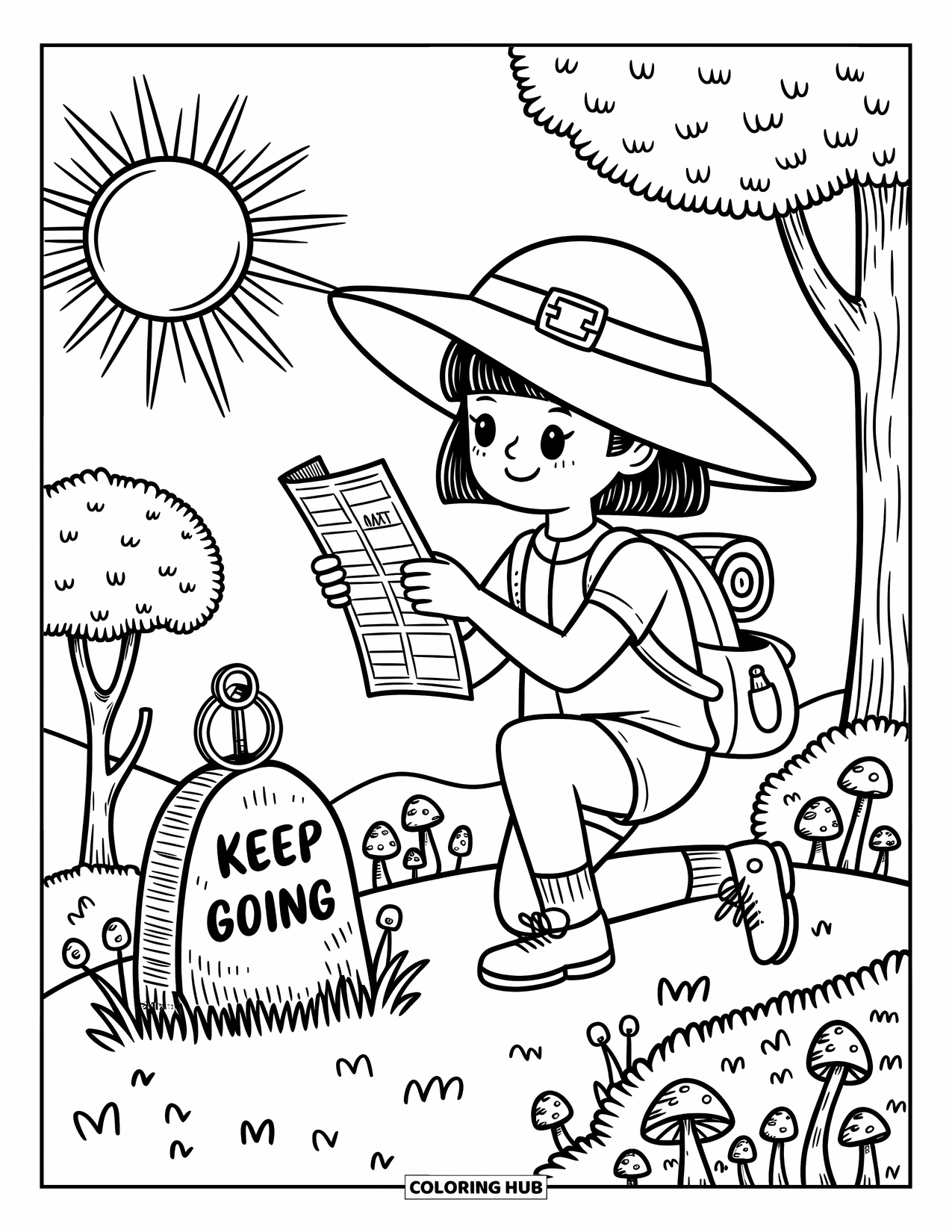 Girl Power Coloring Page for Adults: A cheerful explorer girl studies her map and compass on a hill with "Keep Going" sign