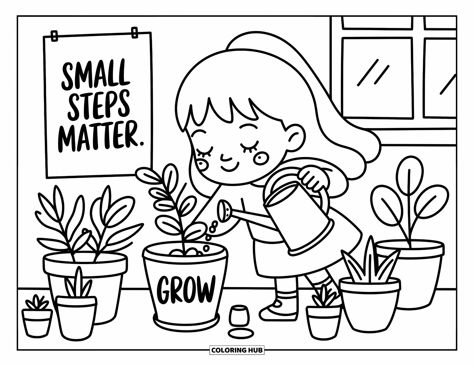 Girl Power Coloring Page for Adults: A smiling girl lovingly cares for her plant near a window and inspiring wall message