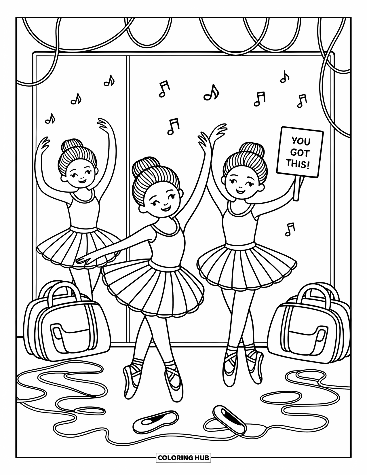 Girl Power Coloring Page for Adults: One ballerina twirls gracefully as her friend claps and holds an encouraging little sign