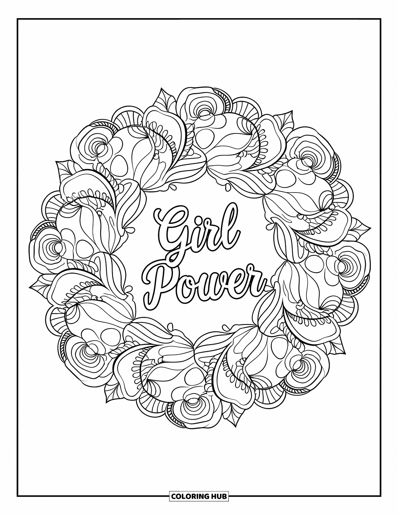 Girl Power Coloring Page for Adults: Roses and twisting vines fill the page around the words "Girl Power"