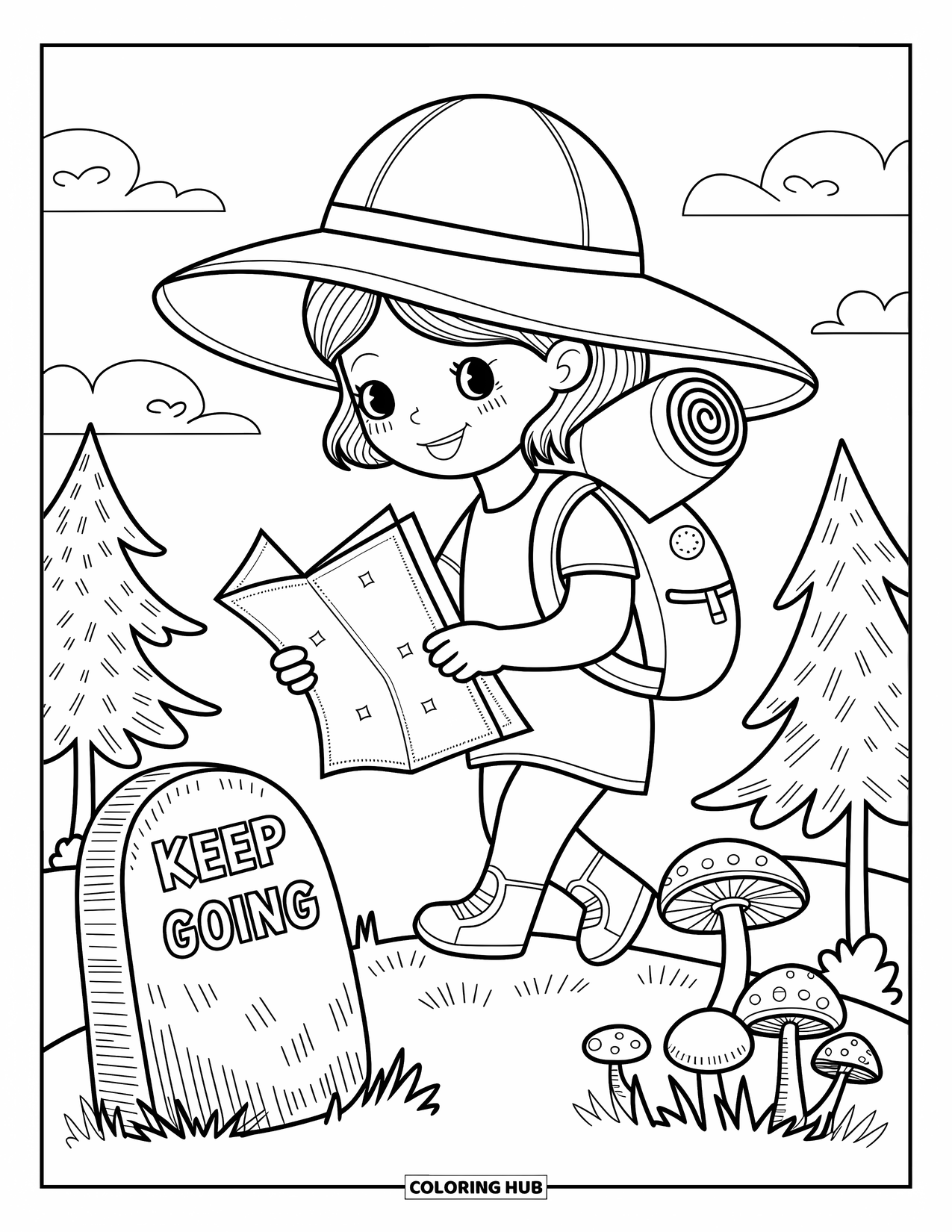 Girl Power Coloring Page for Adults: She explores a gentle hilltop with map, compass, and a sign cheering her on