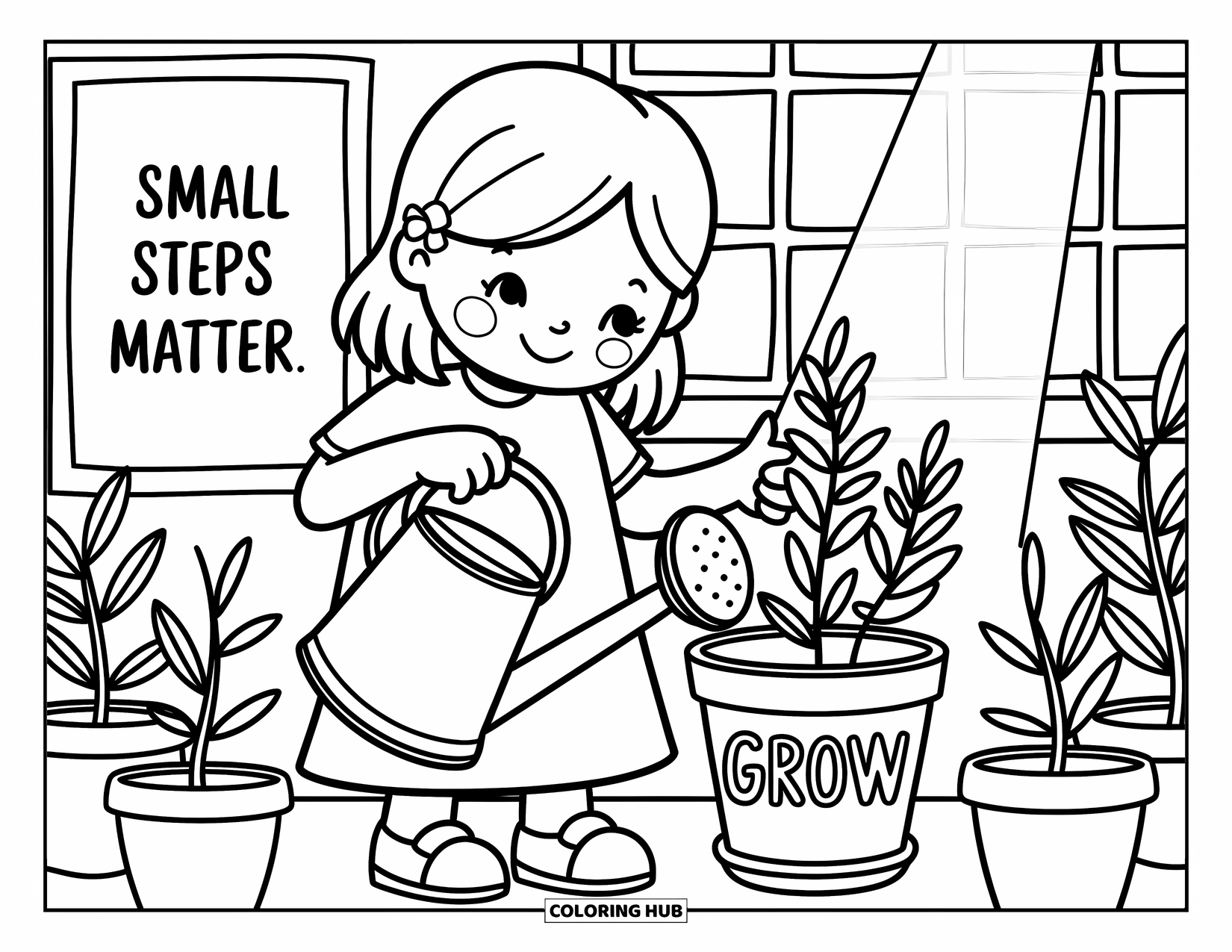 Girl Power Coloring Page for Adults: She gently waters her plant, surrounded by other pots and a sweet "Small Steps Matter" sign