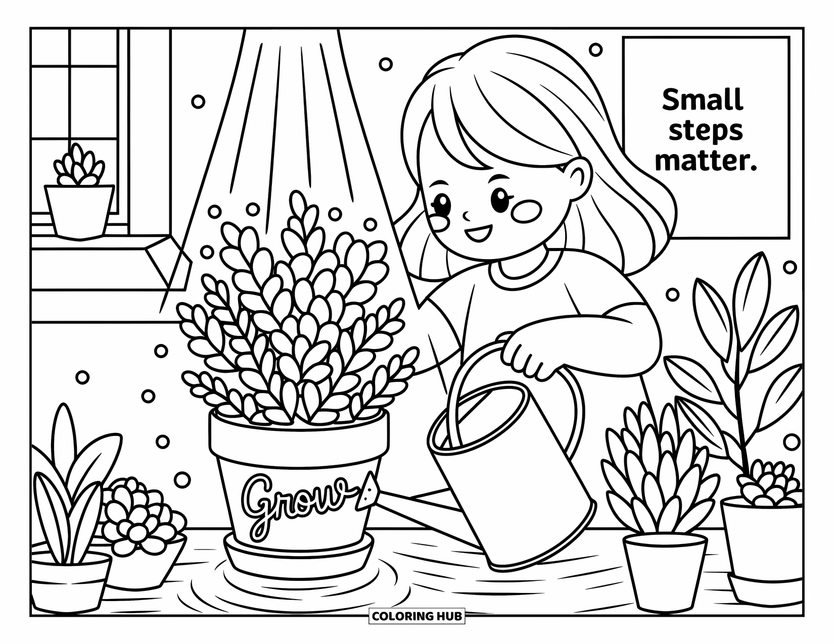 Girl Power Coloring Page for Adults: She nurtures her plant with care, under a sunbeam and a sign that says "Grow"