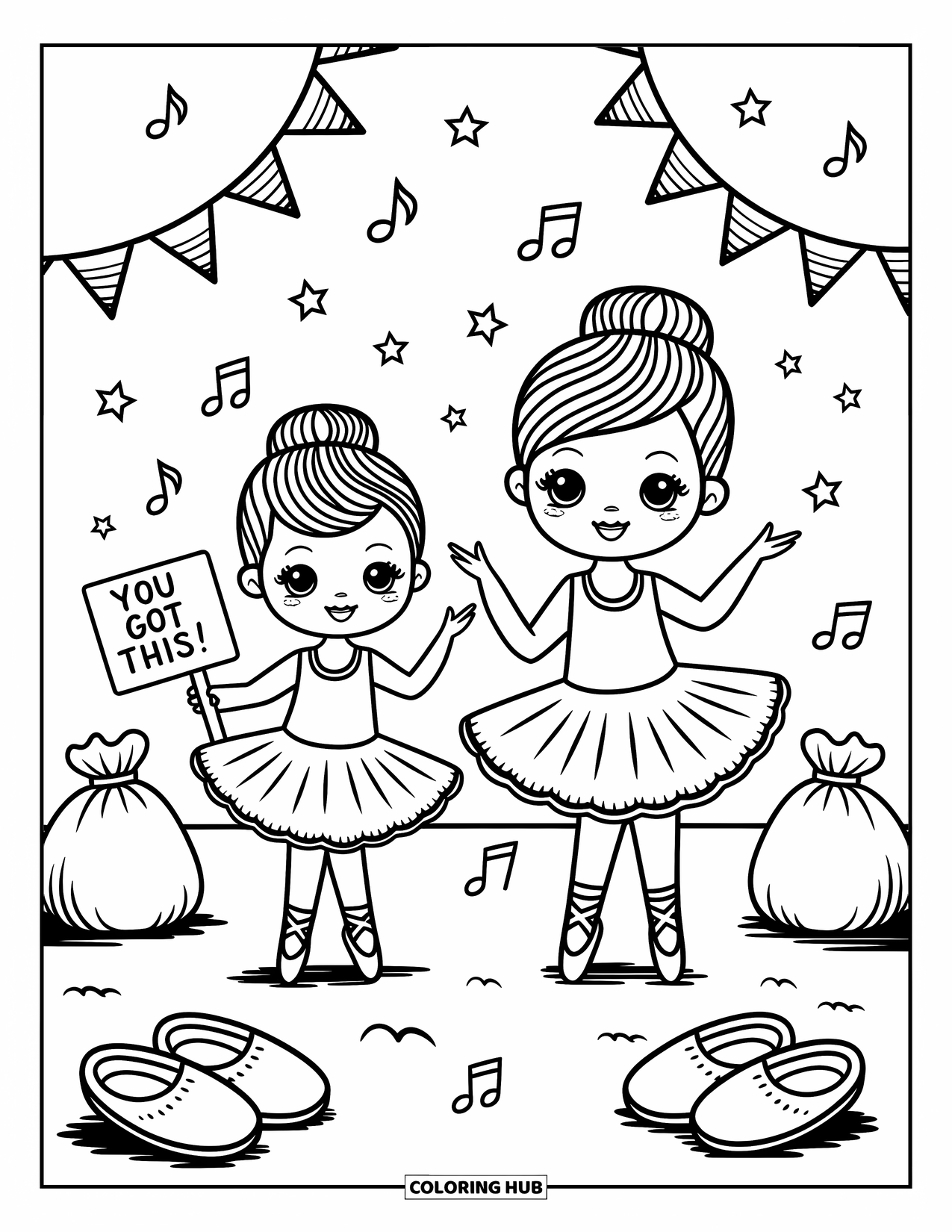 Girl Power Coloring Page for Adults: Two ballerinas practice togetherone twirls while the other cheers with a "You Got This!" sign