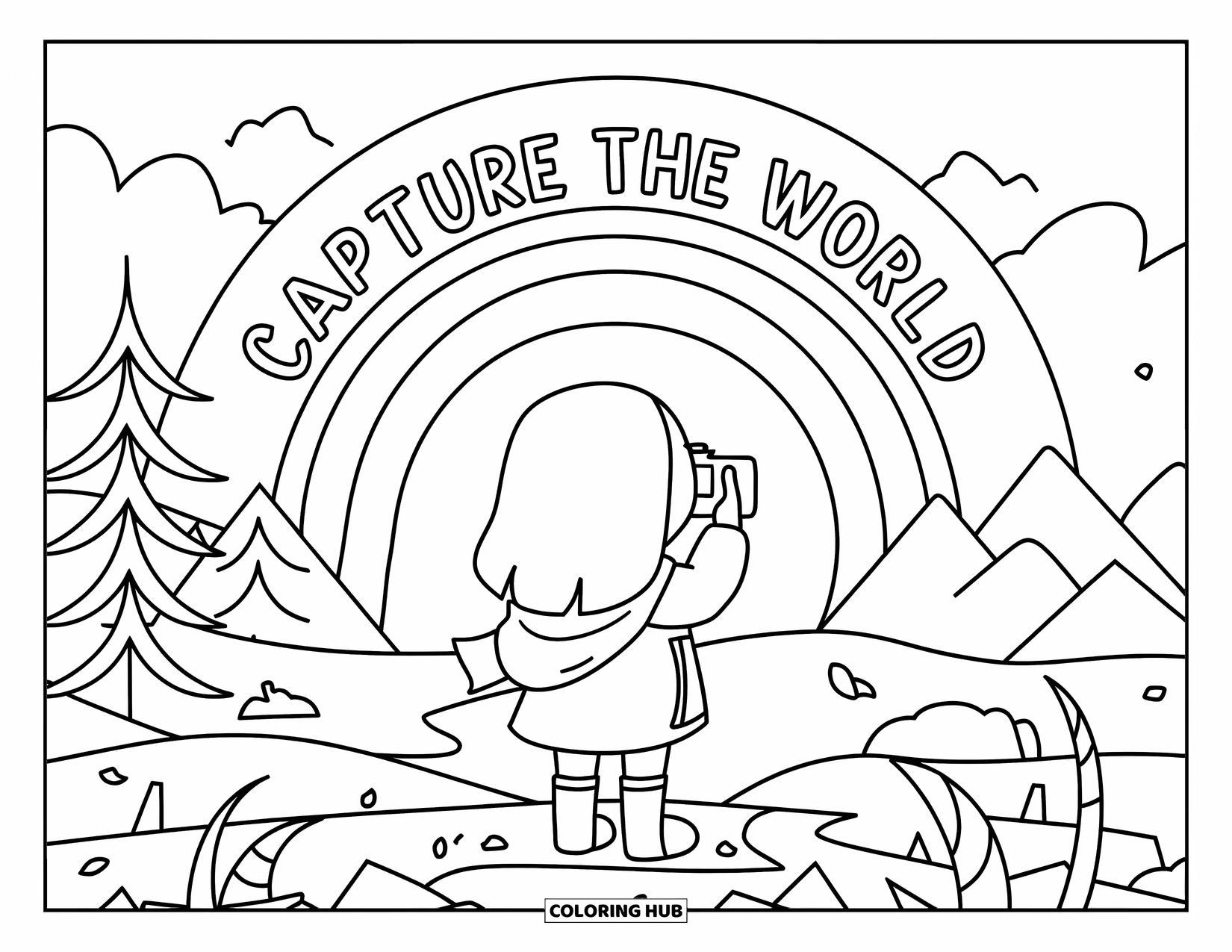 Girl Power Coloring Page for Kids: A bundled-up girl takes pictures outdoors below the "Capture the World" banner