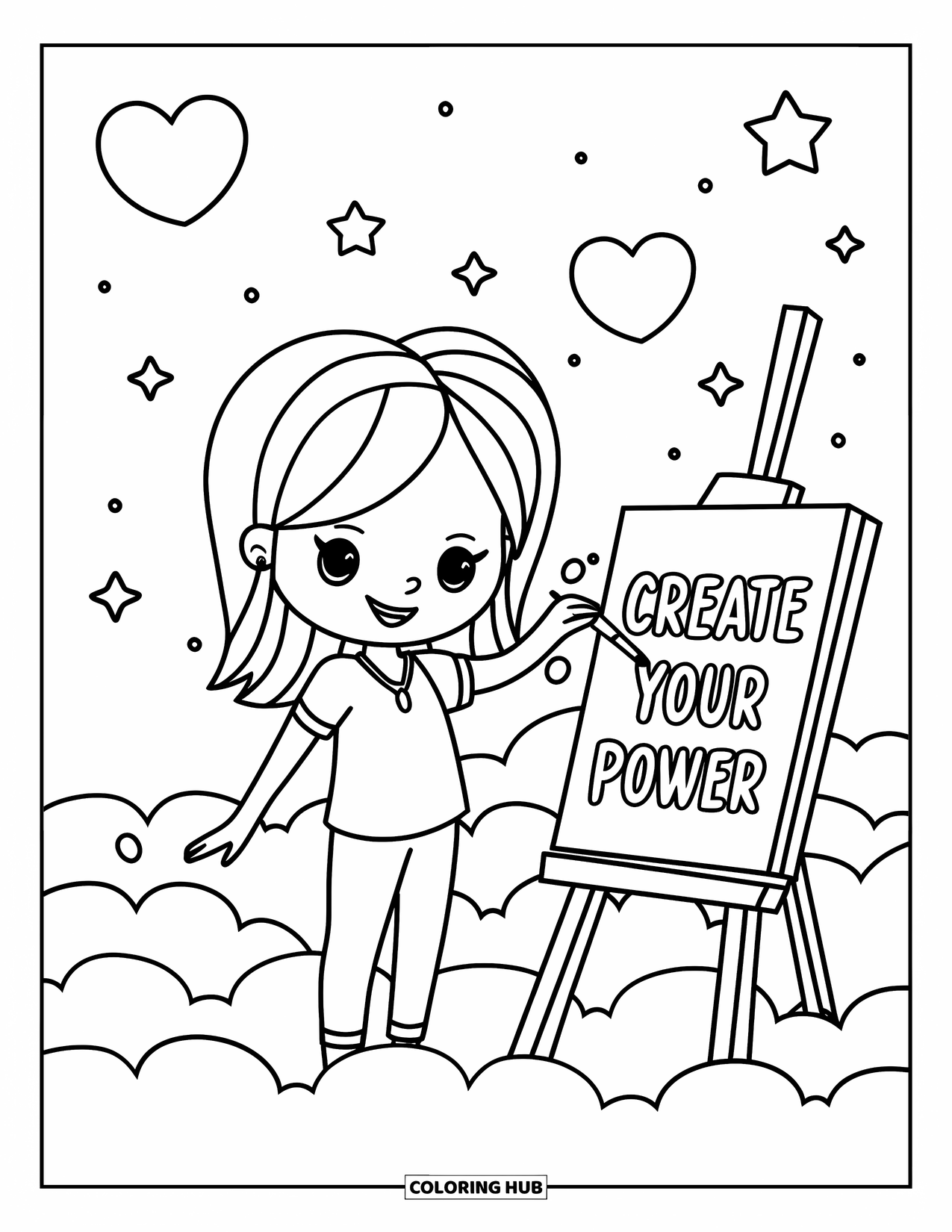 Girl Power Coloring Page for Kids: A cheerful girl paints on clouds filled with stars and hearts