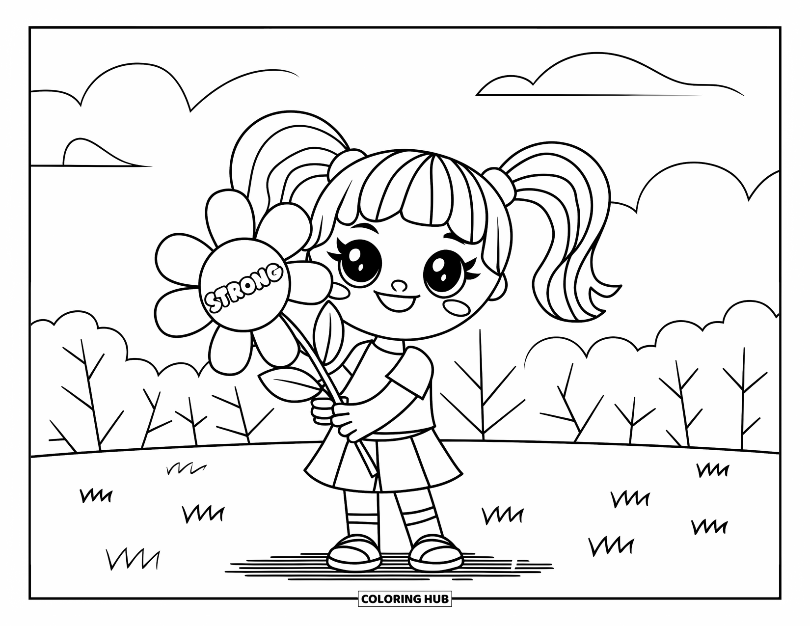 Girl Power Coloring Page for Kids: A cheerful girl with a flower stands on grass under "Strong" with clouds around