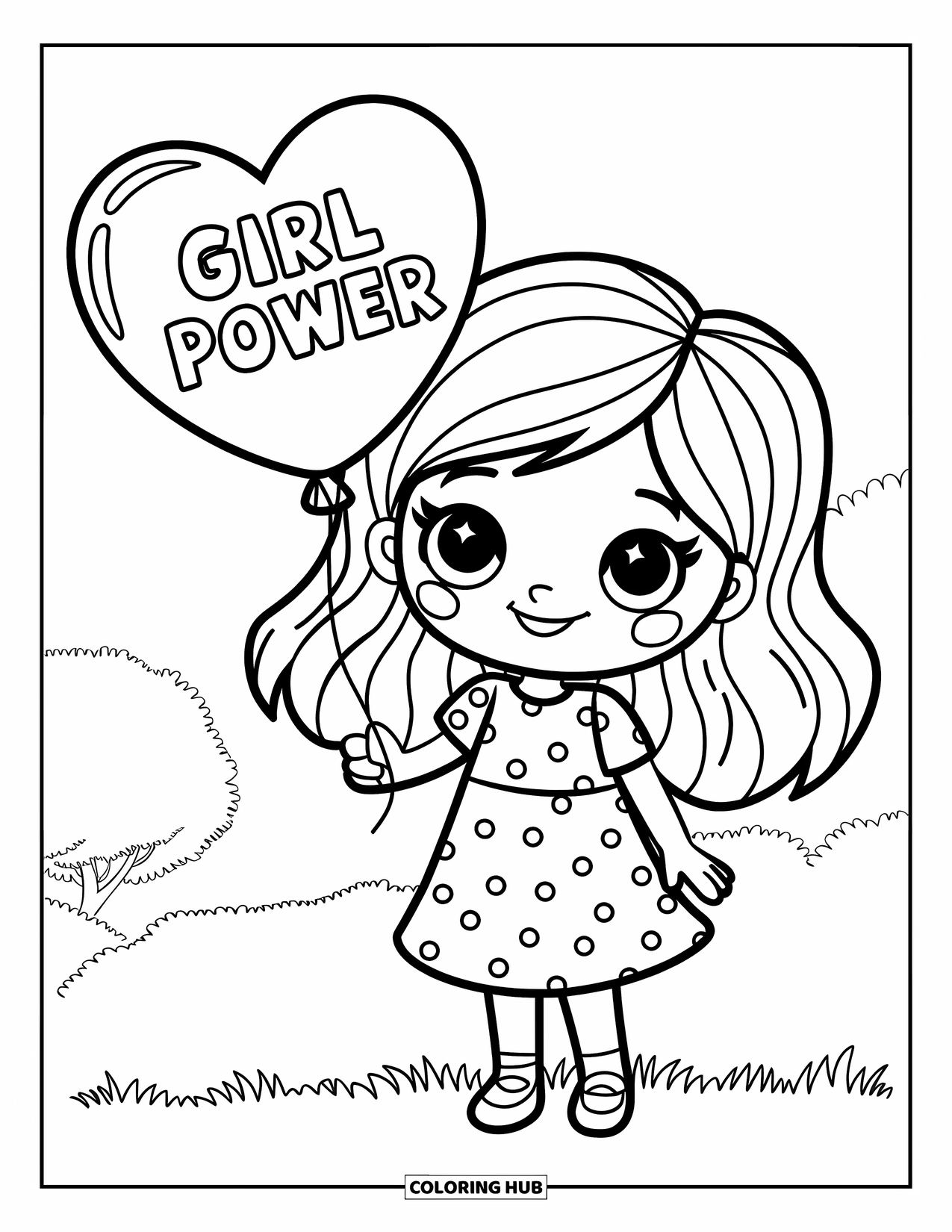Girl Power Coloring Page for Kids: A cheerful girl with a heart balloon stands on grass with trees and "Girl Power"