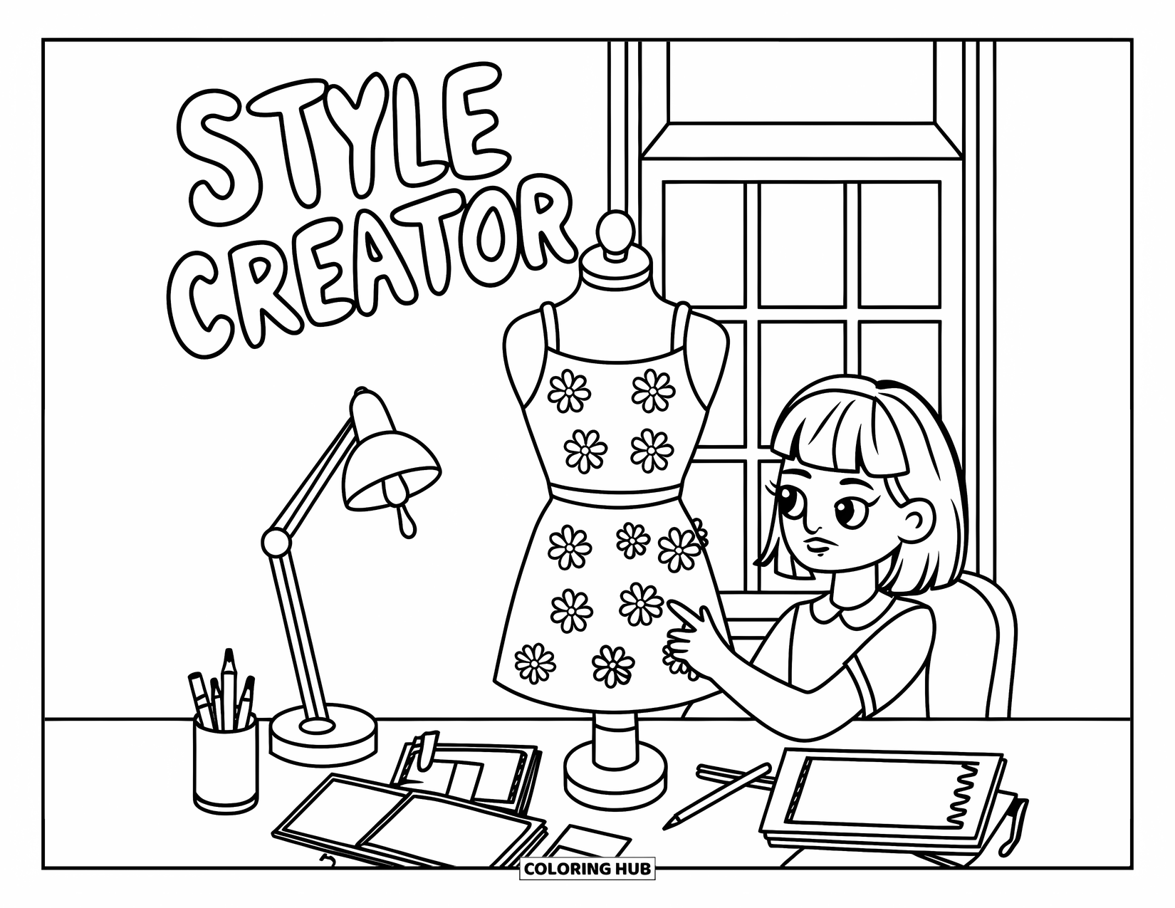 Girl Power Coloring Page for Kids: A cozy designer girl draws beside her mannequin under the title "Style Creator"