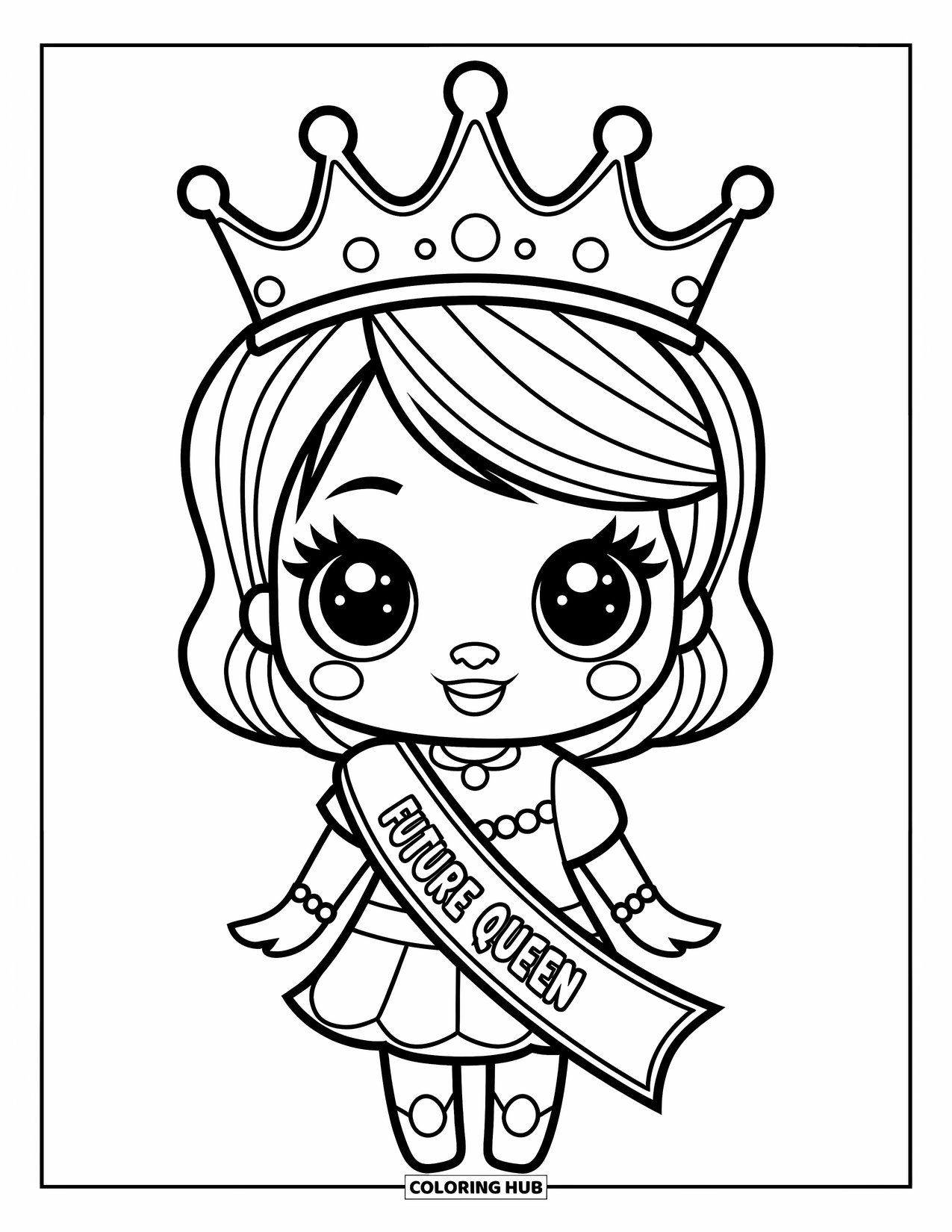 Girl Power Coloring Page for Kids: A cute girl wears a crown and sash that says "Future Queen"